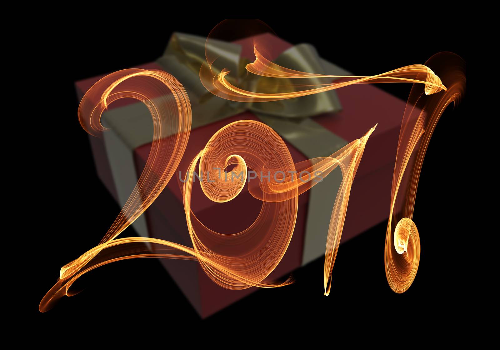 Happy new year 2017 isolated numbers lettering written with fire flame or smoke on black background with gift box. 3d illustration by skrotov