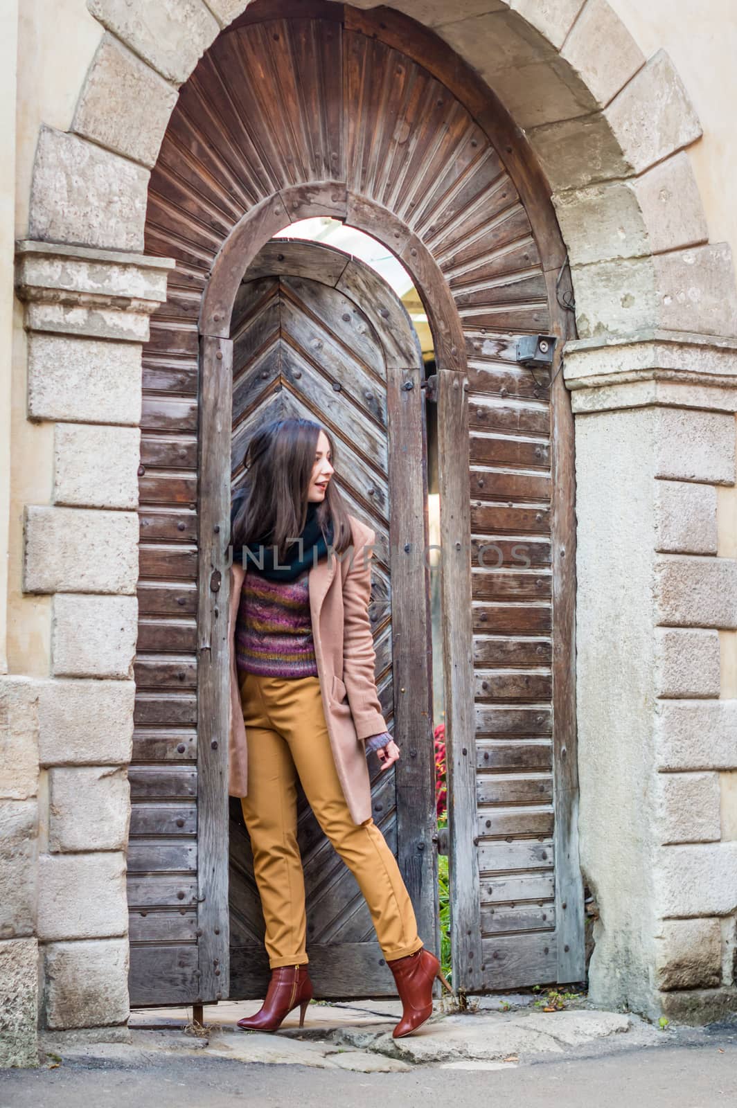 beautiful girl near old wooden gate in the city