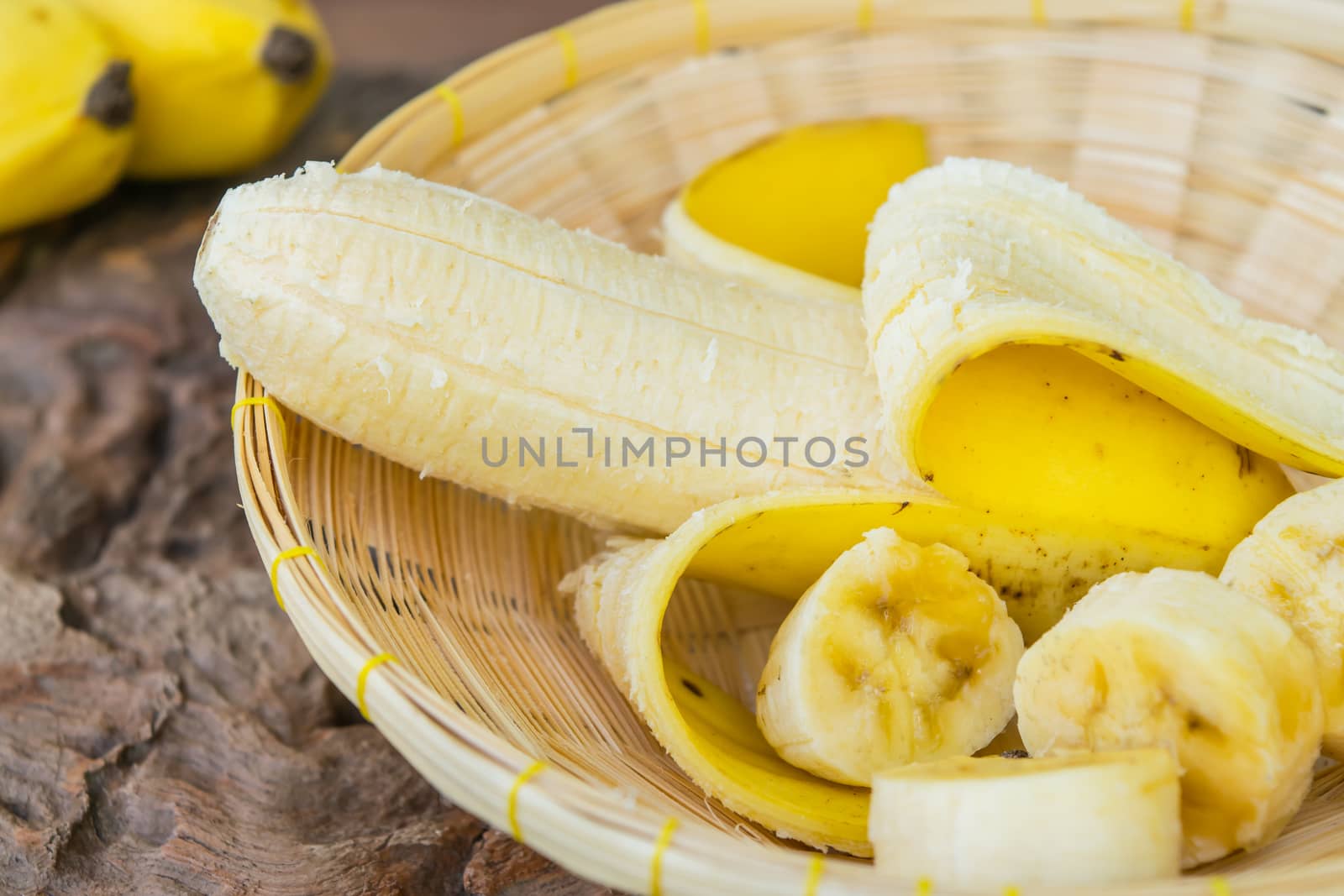 Banana on bamboo basket fresh tropical fruit. Sweet gift of nature