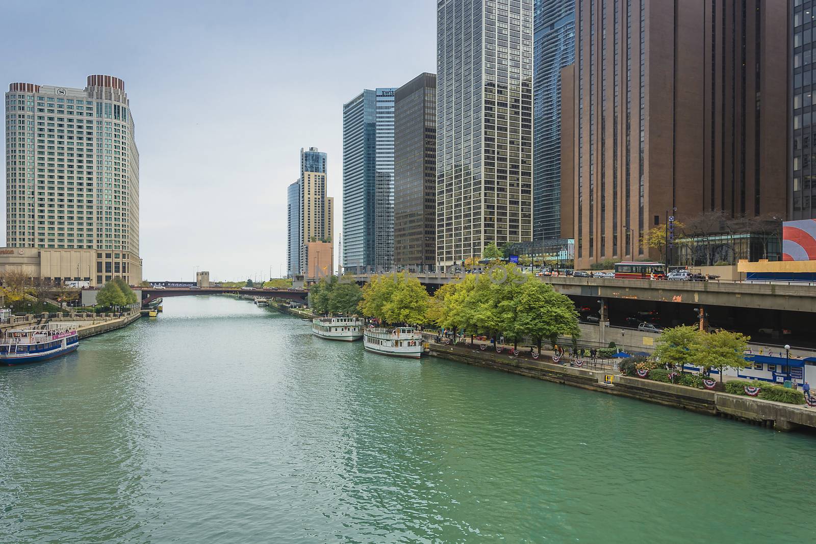 Chicago riverside. Image of Chicago downtown district at twilight.