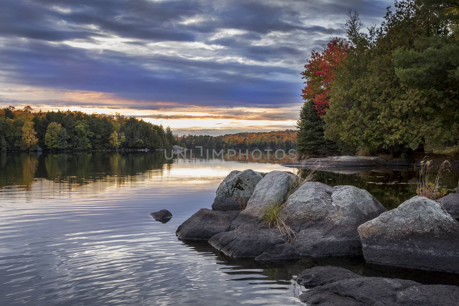 Rocky Shoreline of an Autumn Lake at Sunset - Ontario, Canada