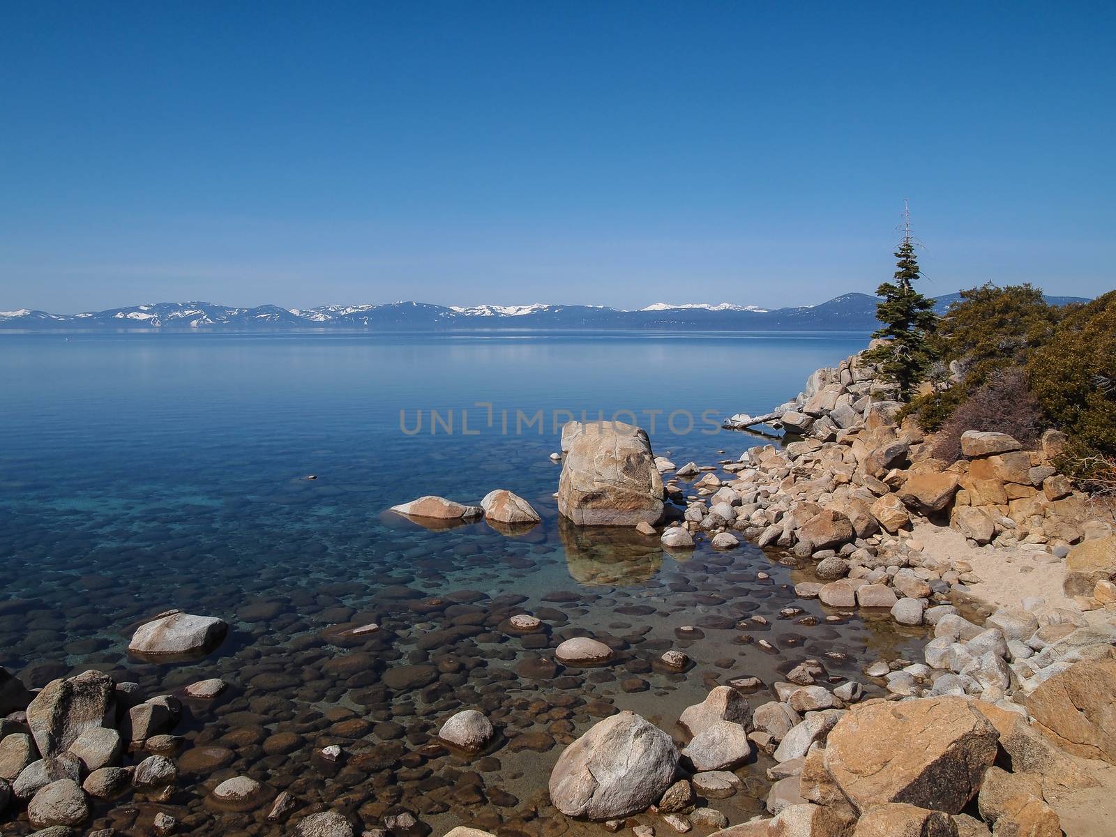 Scenic view of beautiful Lake Tahoe in Spring, landscape of the United States of America, clear water, nice sky, stone island, tree, fresh air and snow mountains