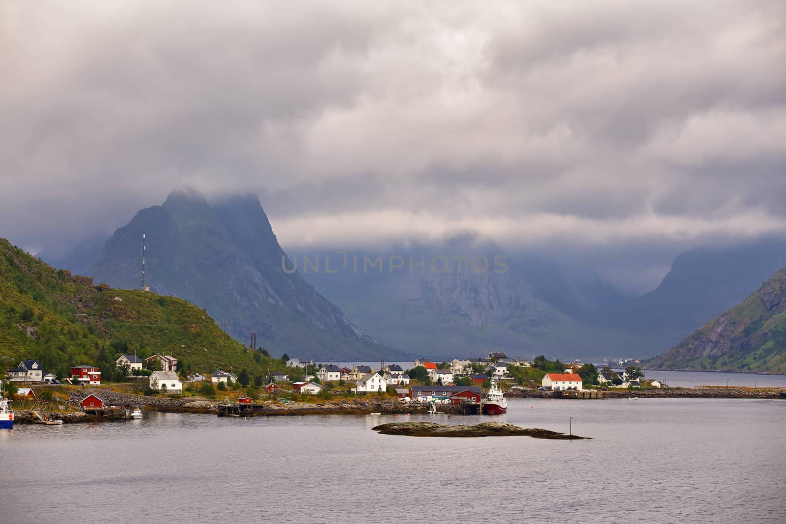 Norway village on a fjord. Nordic cloudy summer day. by weise_maxim