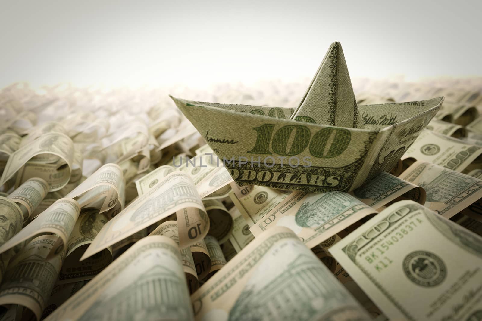 Ship from dollar paper in the money sea concept composition photo