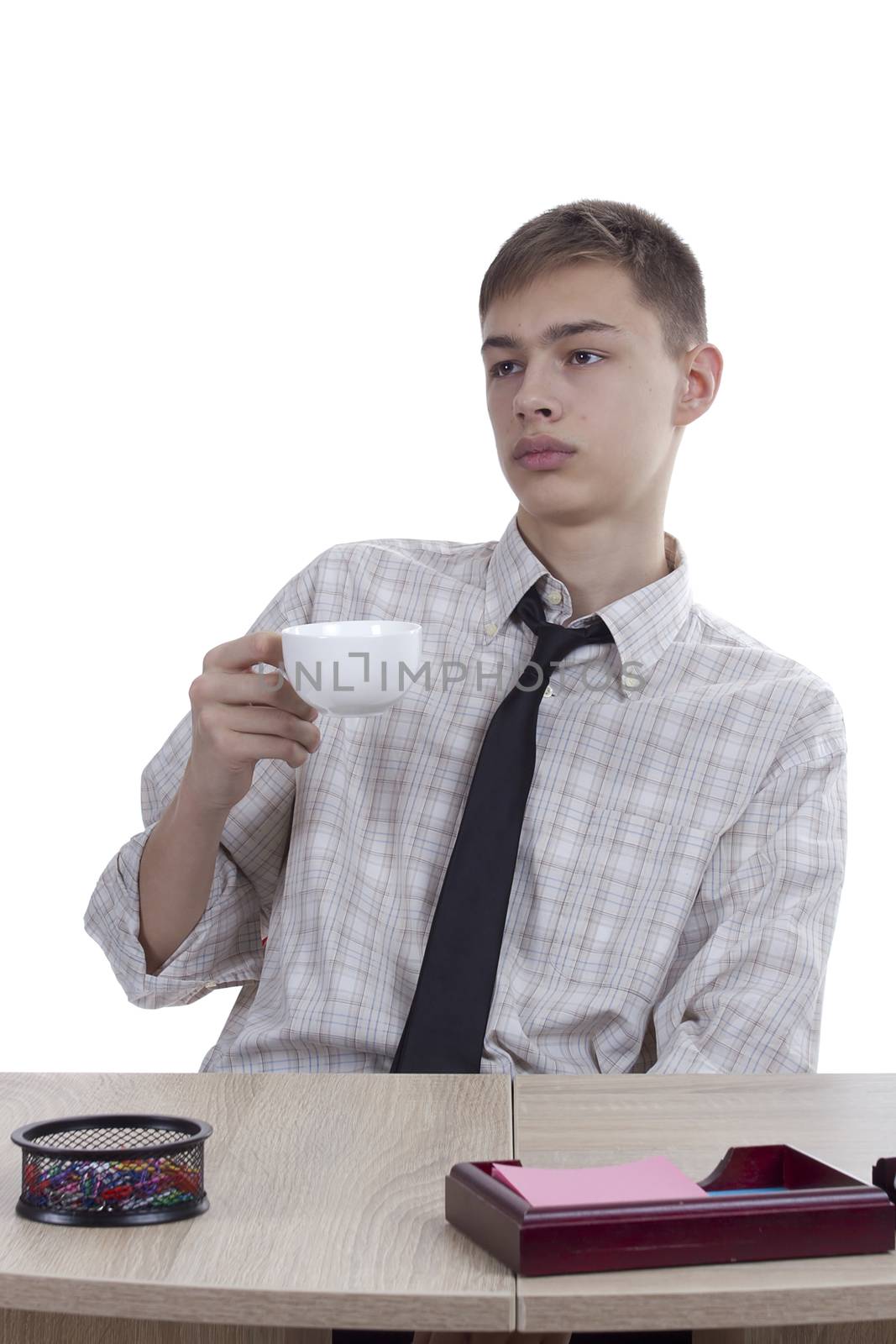 Relaxed young man office worker on a white background