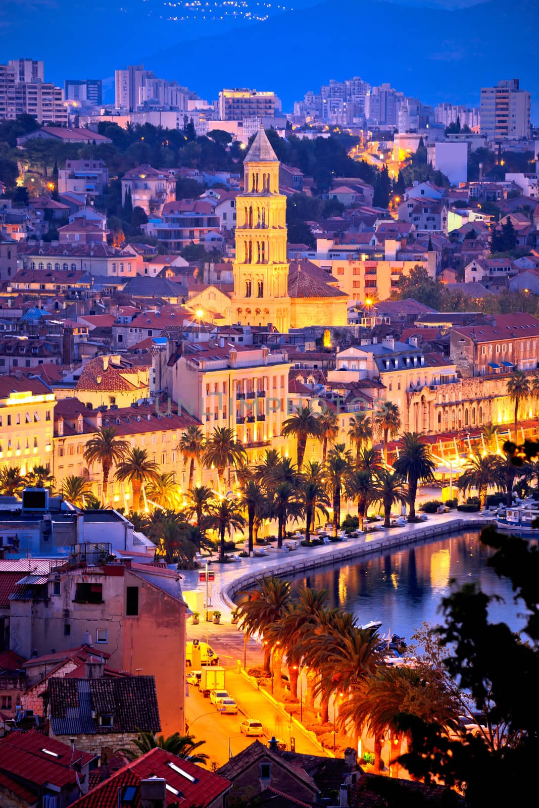 Famous Split waterfront evening aerial view, city in Dalmatia, Croatia