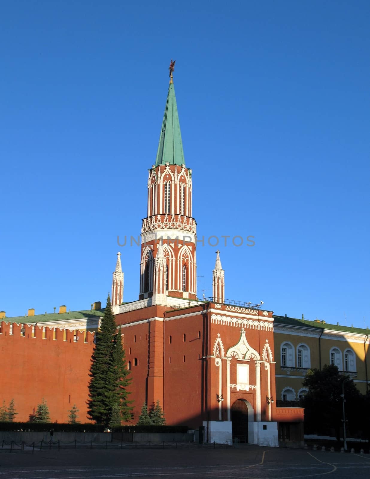 Nikolskaya Tower of Moscow Kremlin in early morning.