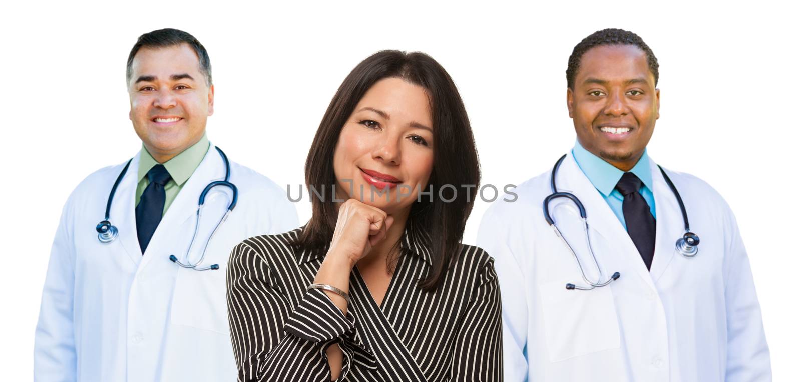Two Mixed Race Doctors Behind Hispanic Woman Isolated on a White Background.