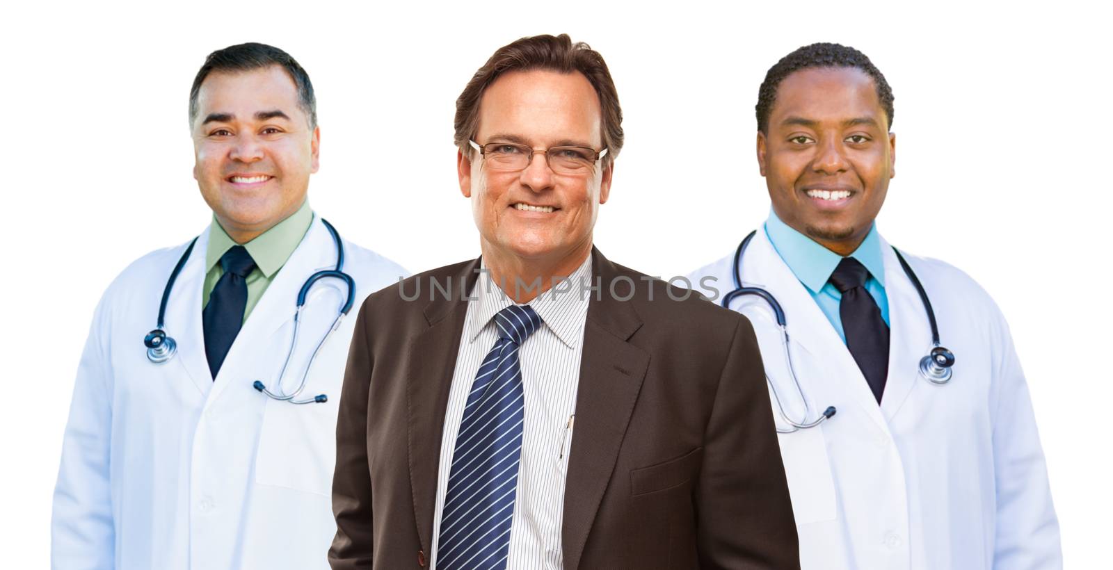 Two Mixed Race Doctors Behind Businessman  Isolated on White by Feverpitched