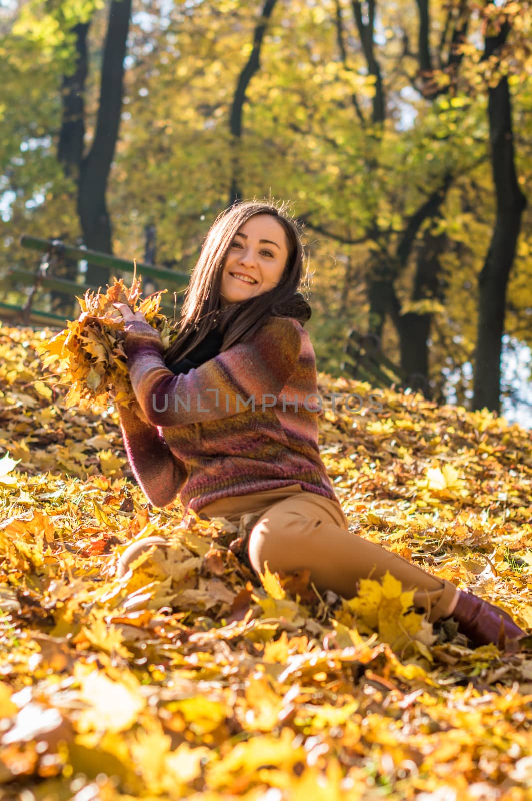 beautiful girl in autumn Park keeps yellow leaves