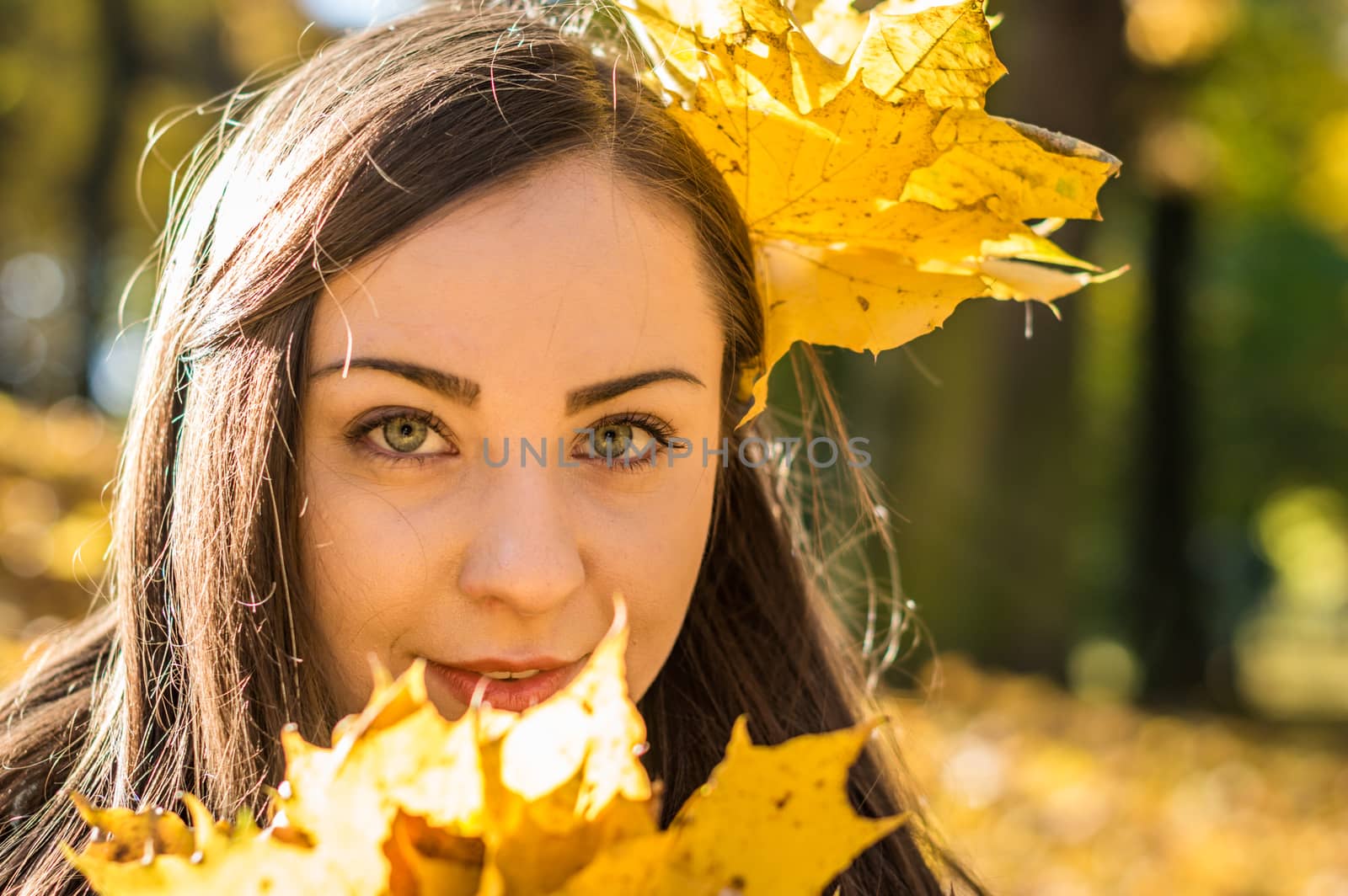 Portrait of a girl in autumn Park which keeps the yellow leaves