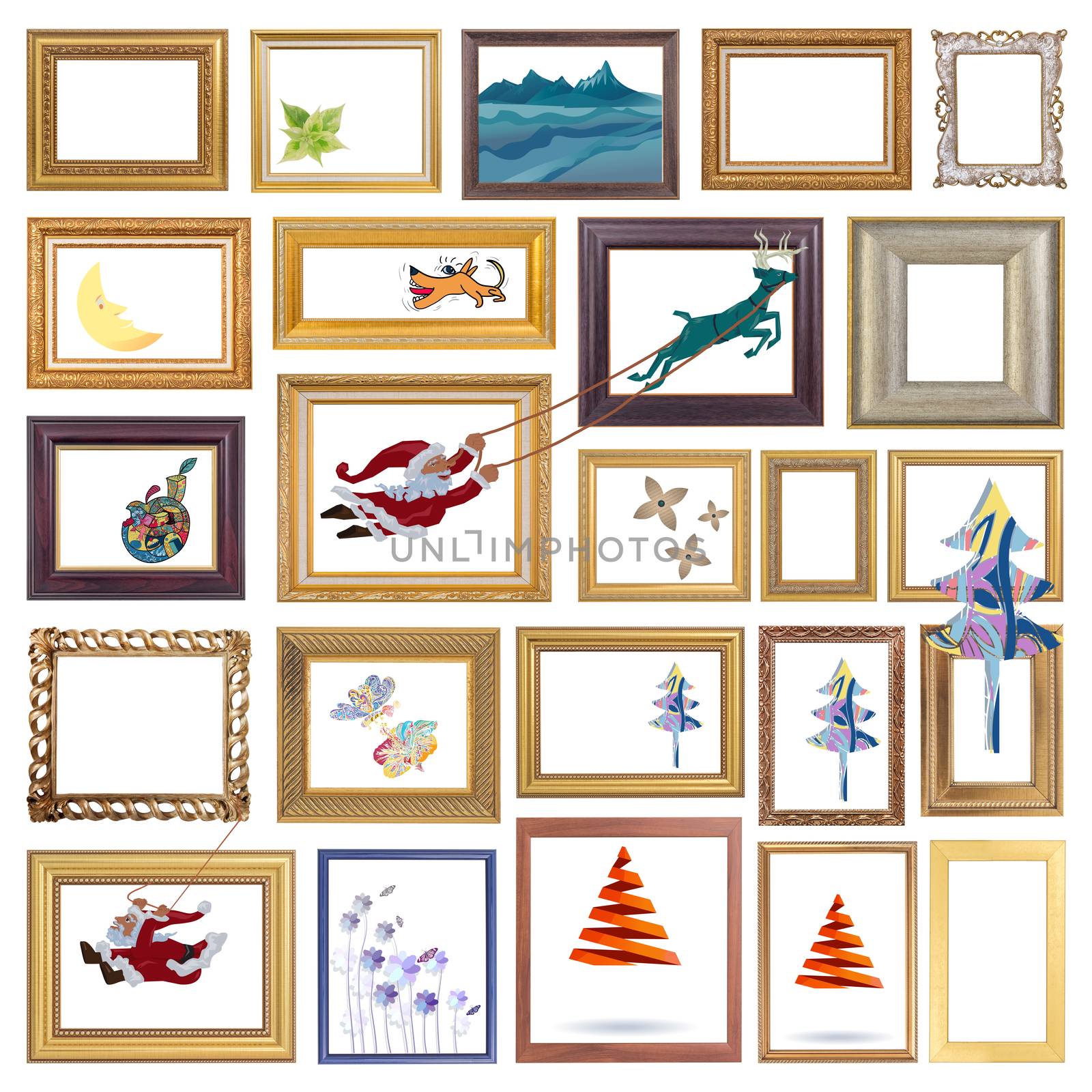 Set of antique frame isolated on white with character and symbol of christmas concept