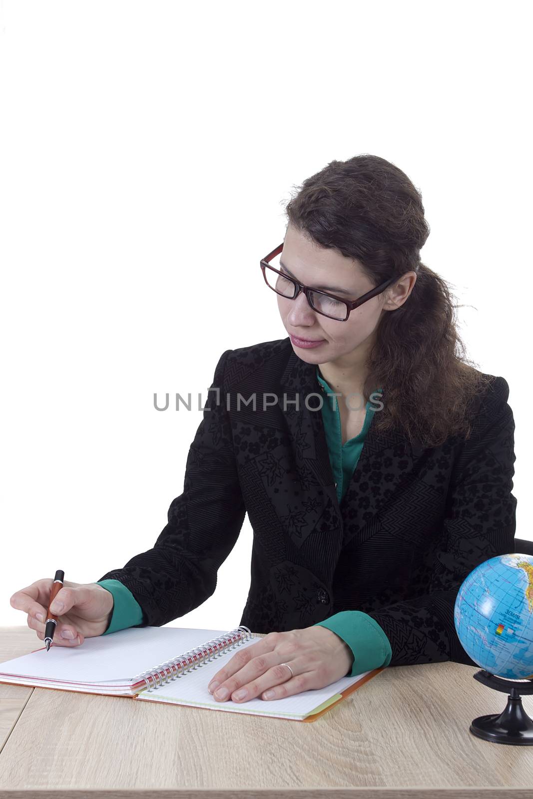 Strict woman teacher with a globe on a white background