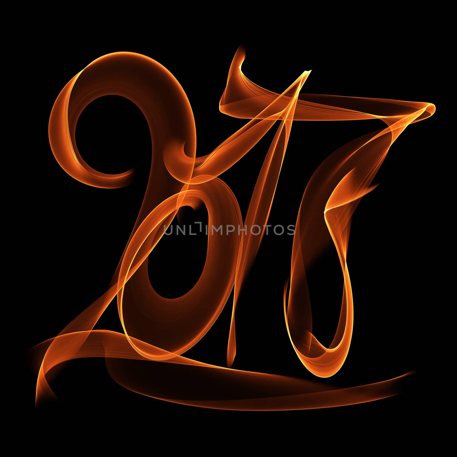 Happy new year 2017 flying digits numbers written with fire flame light on black background.