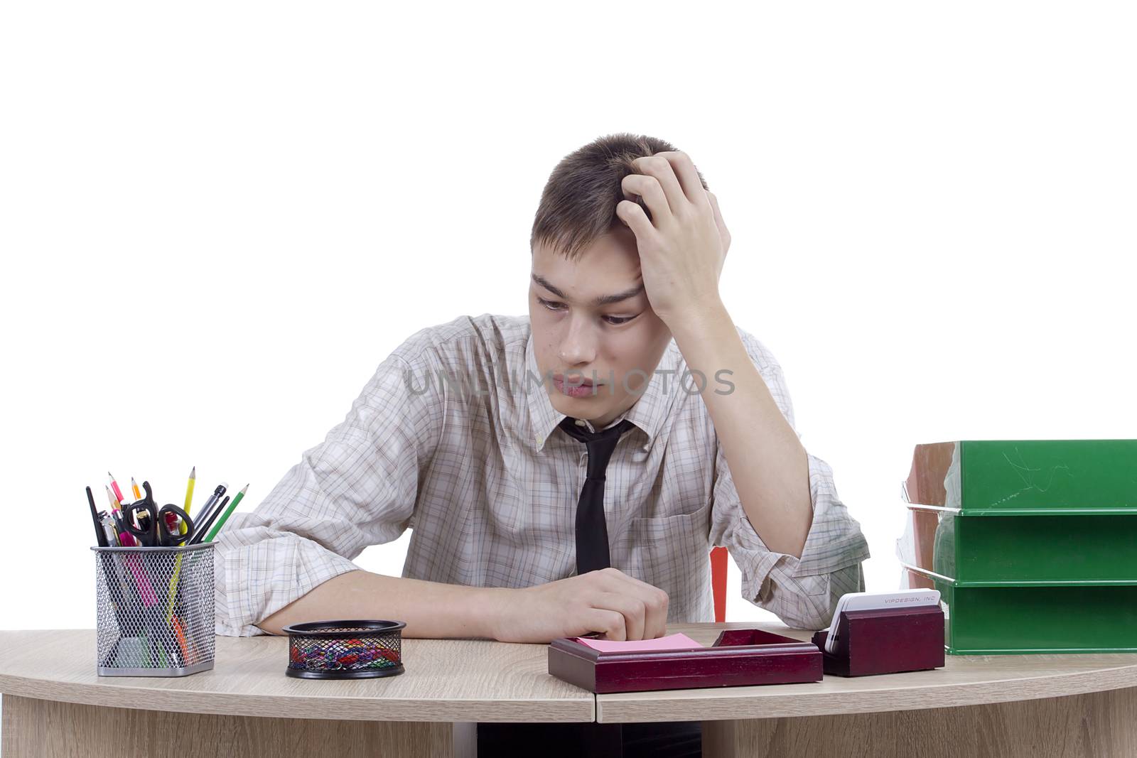 Relaxed young man office worker on a white background