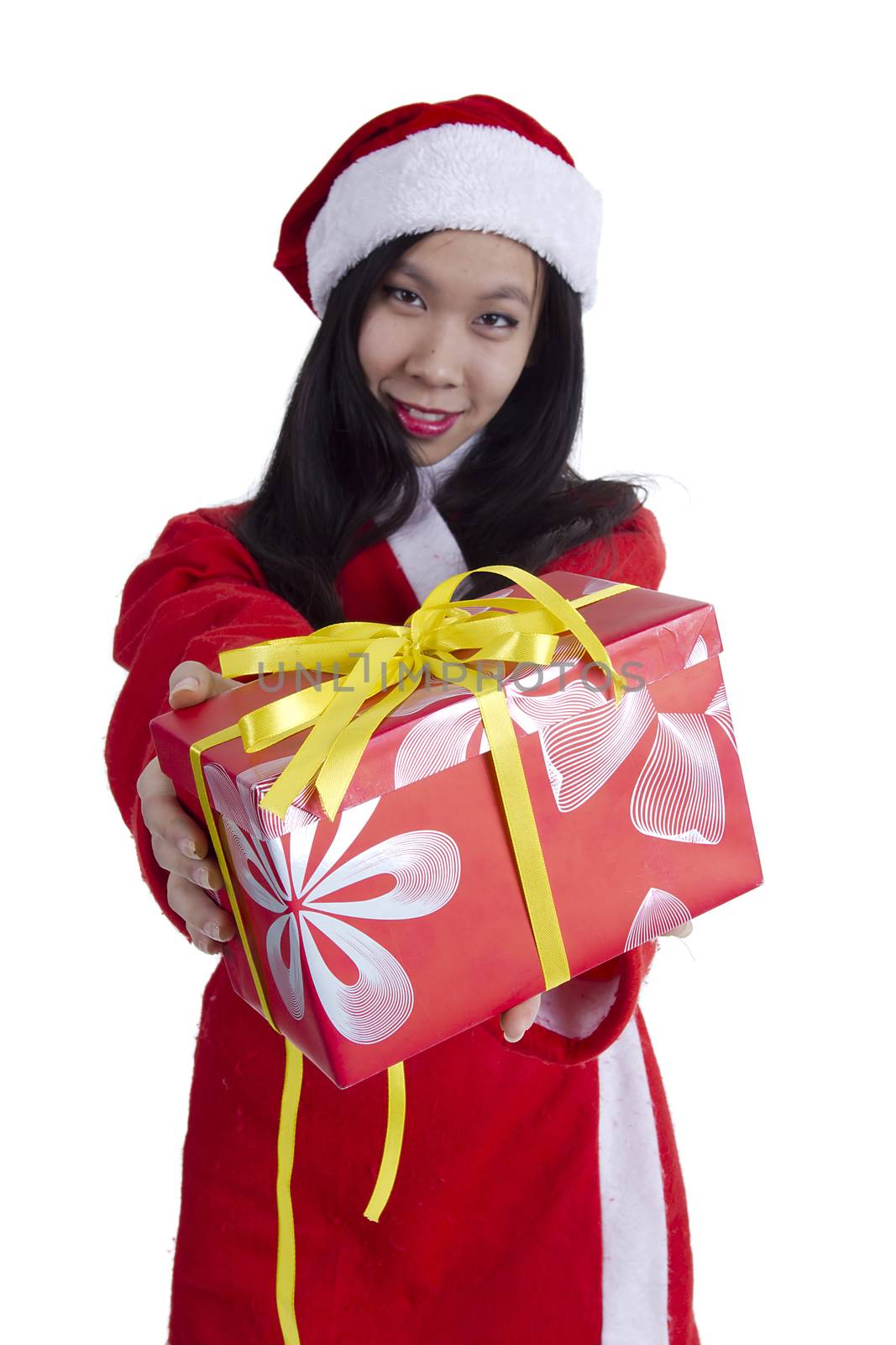 Santa girl with Christmas present on a white background