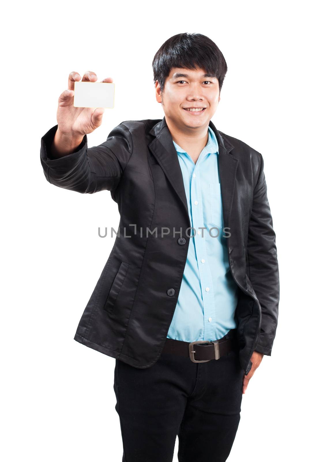 young businss man standing with happy face holding name card in hand and showing to people use for business trust and health insurance 