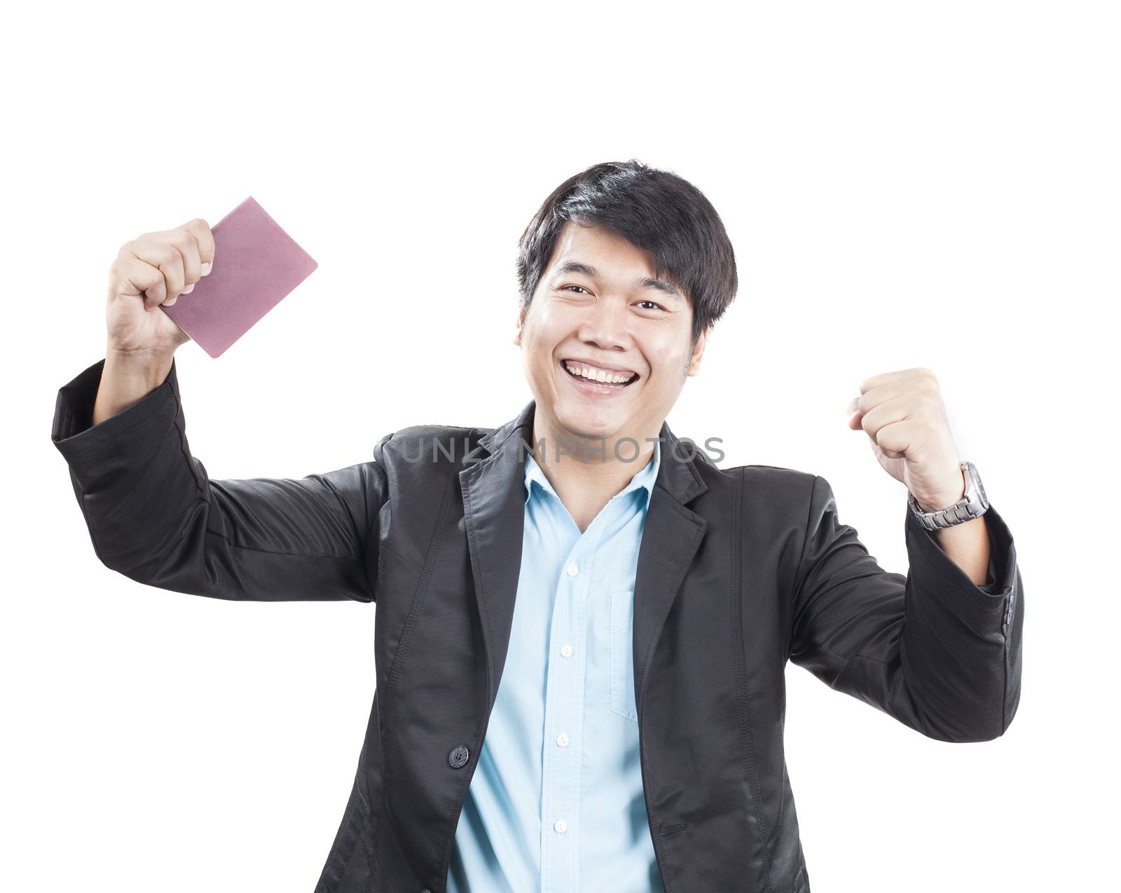 young business man and passport book in hand acting happy face to success in thinking isolated white background