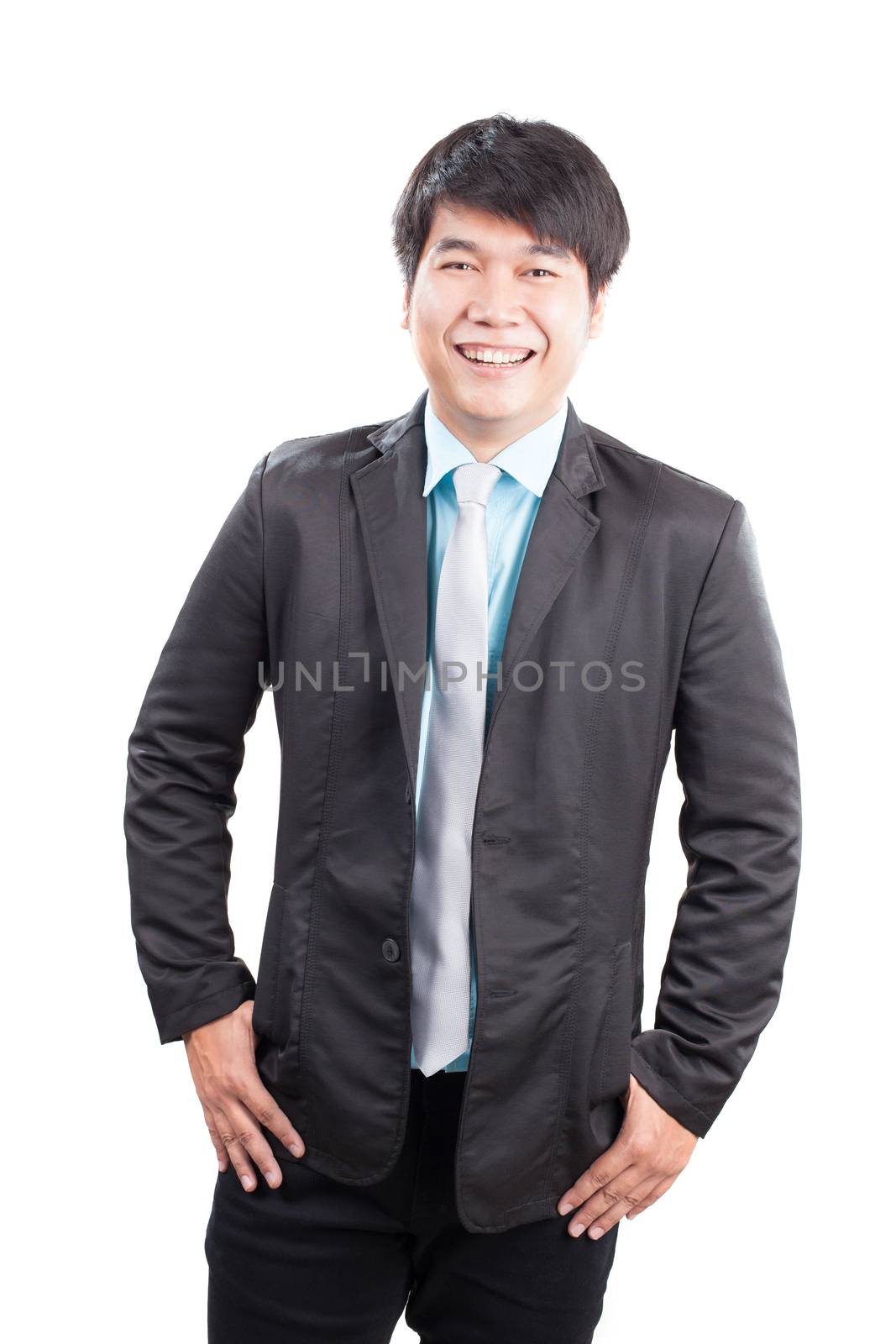 portrait of young business man wearing western suit smiling with happiness emotion isolated white background 