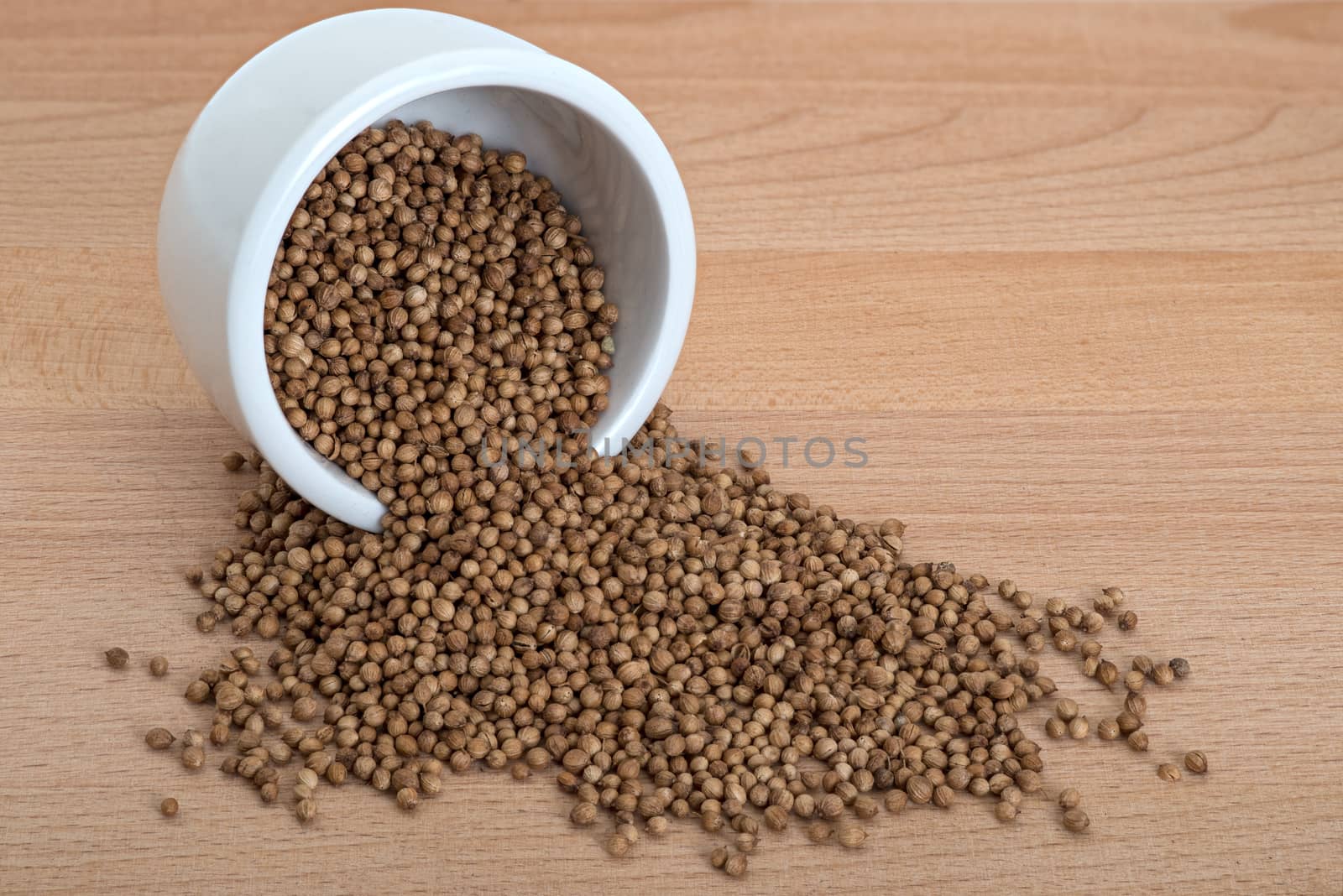 Coriander organic seeds in small white bowl on wooden cutting board