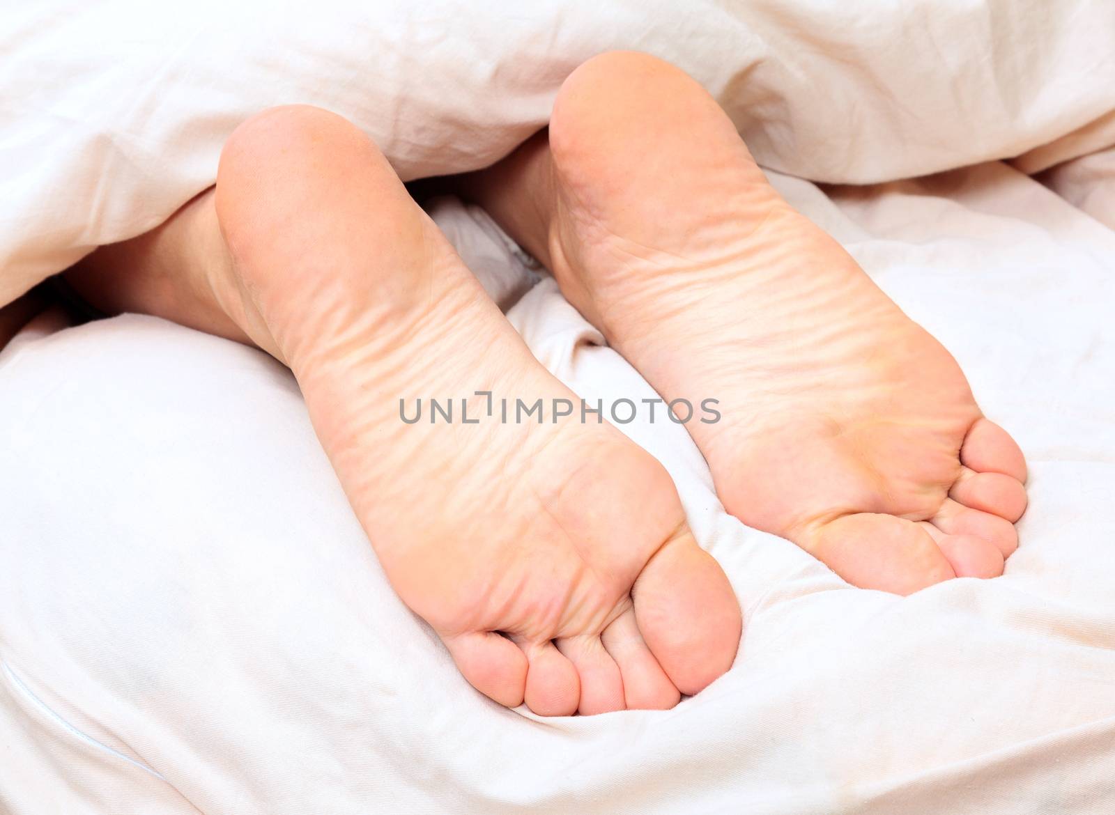 Female bare feet under the blanket