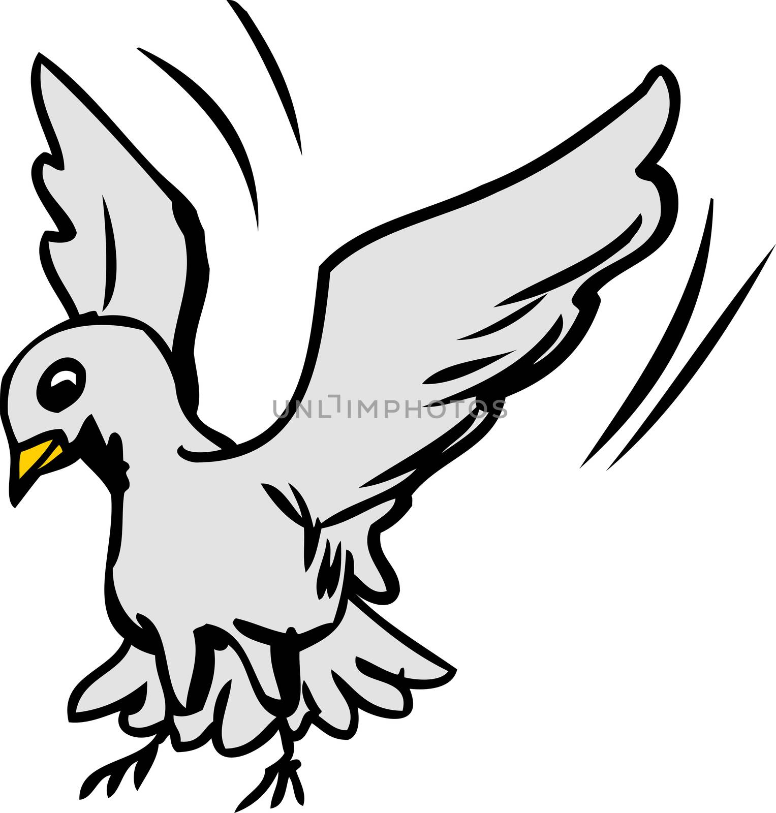 Single cute cartoon dove flapping wings as it lands over white background