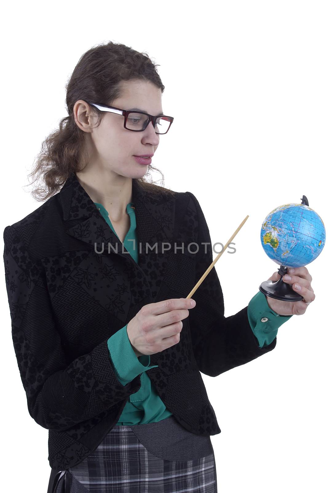 Strict woman teacher with a globe on a white background