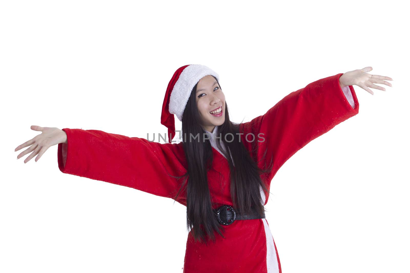 Santa woman oriental appearance on white background