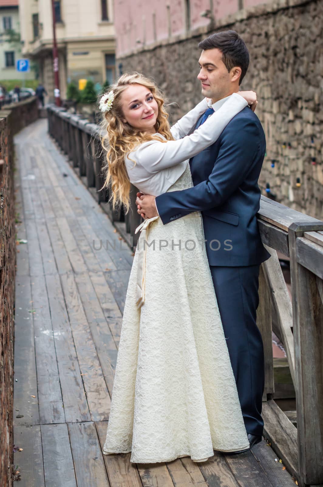 newlyweds strolling around the city. Just married