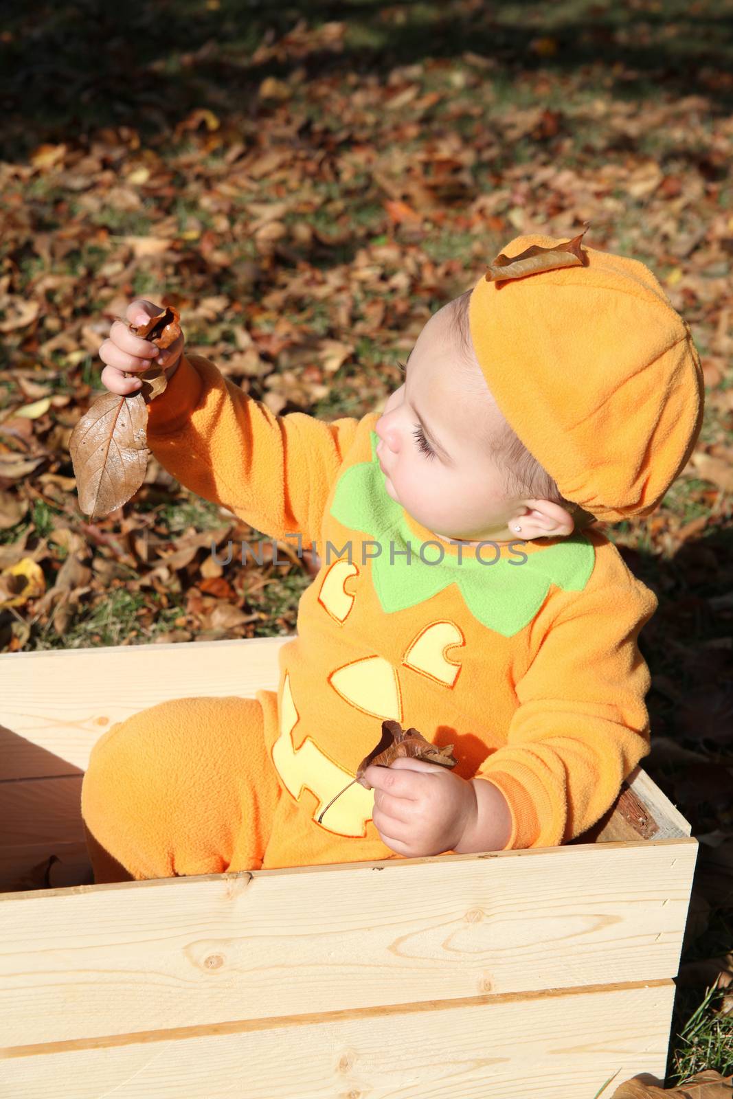 Brunette baby girl wearing an orange halloween pumpkin outfit