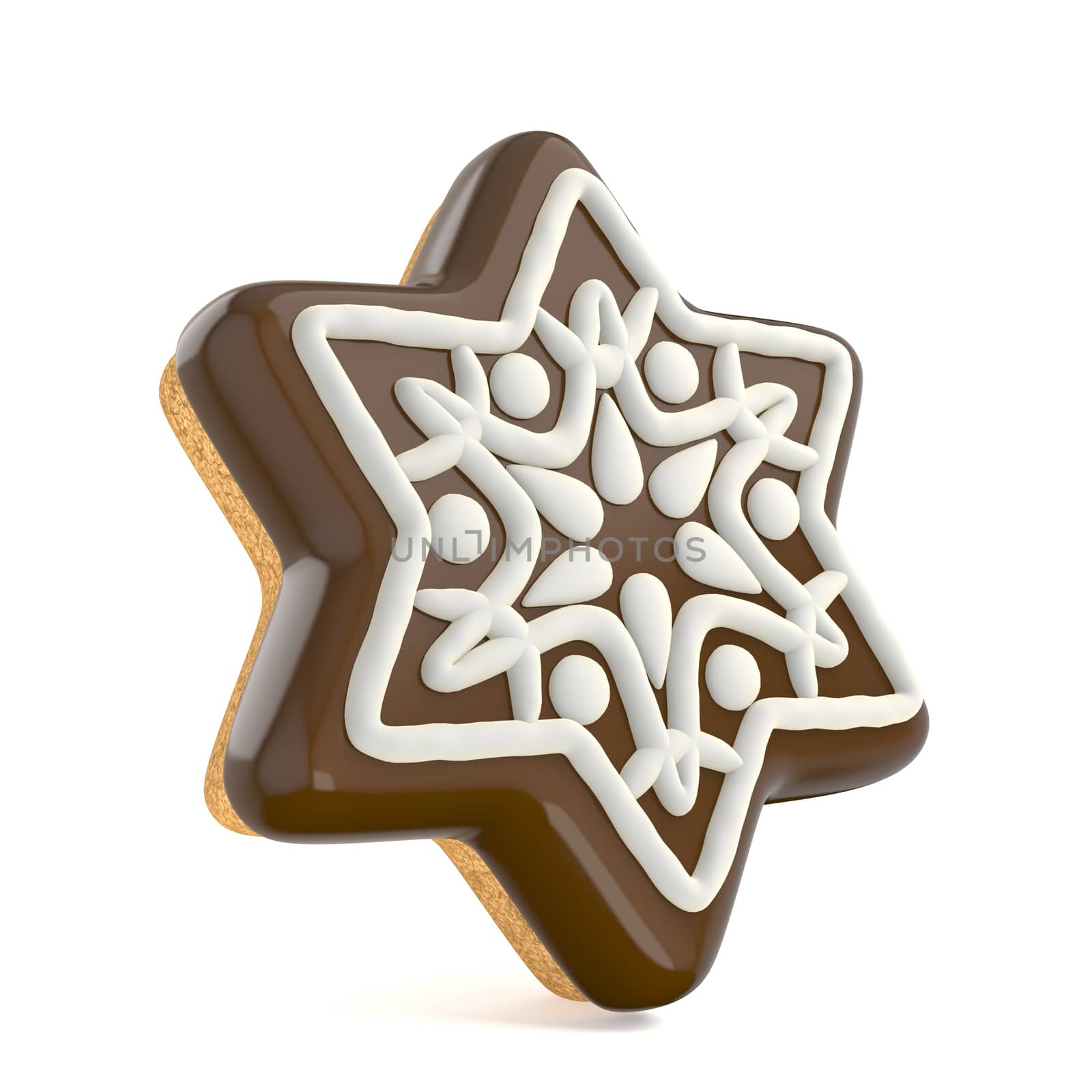 Chocolate Christmas gingerbread snowflake decorated with white lines. 3D render illustration isolated on white background