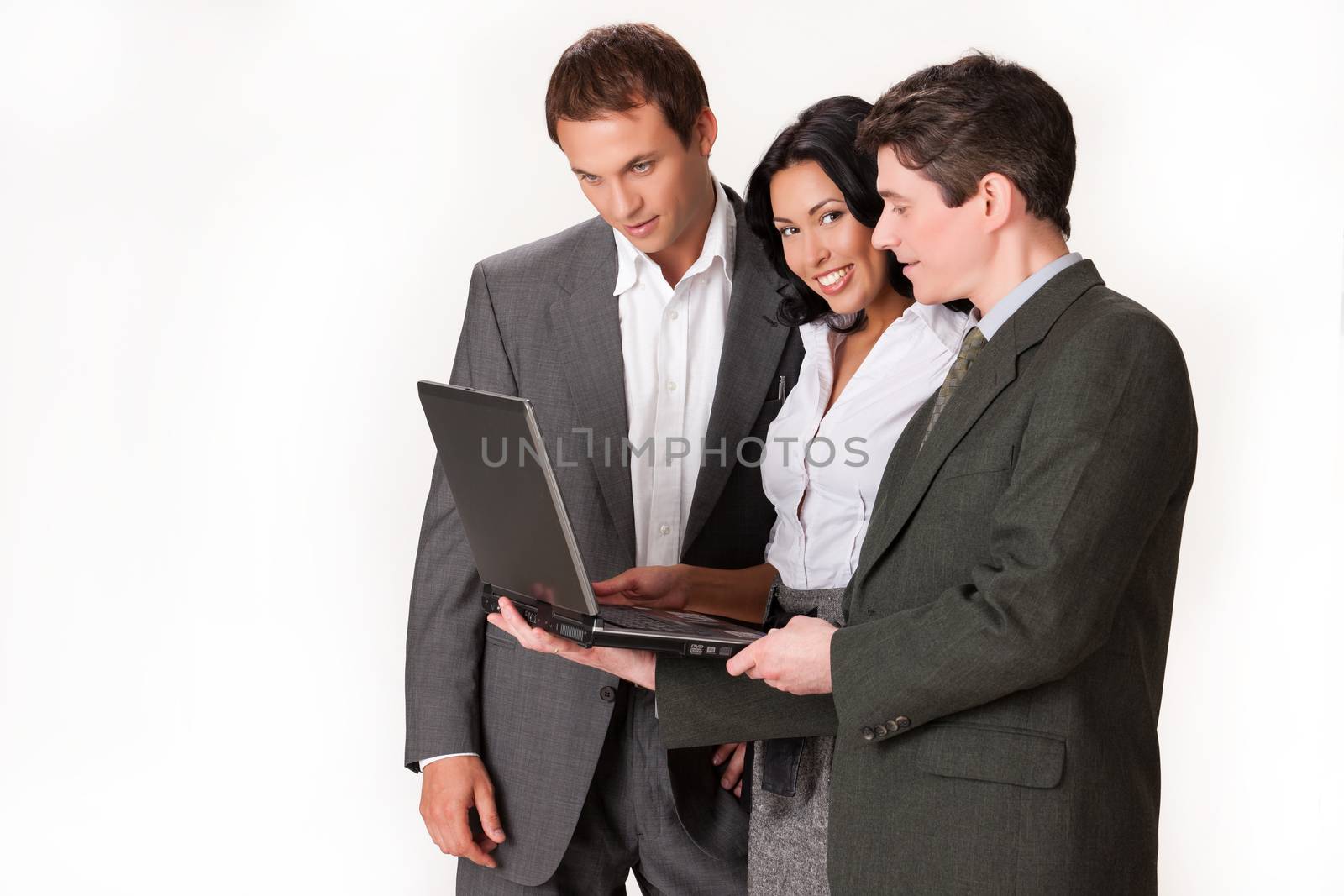 Young woman and two men on isolated background
