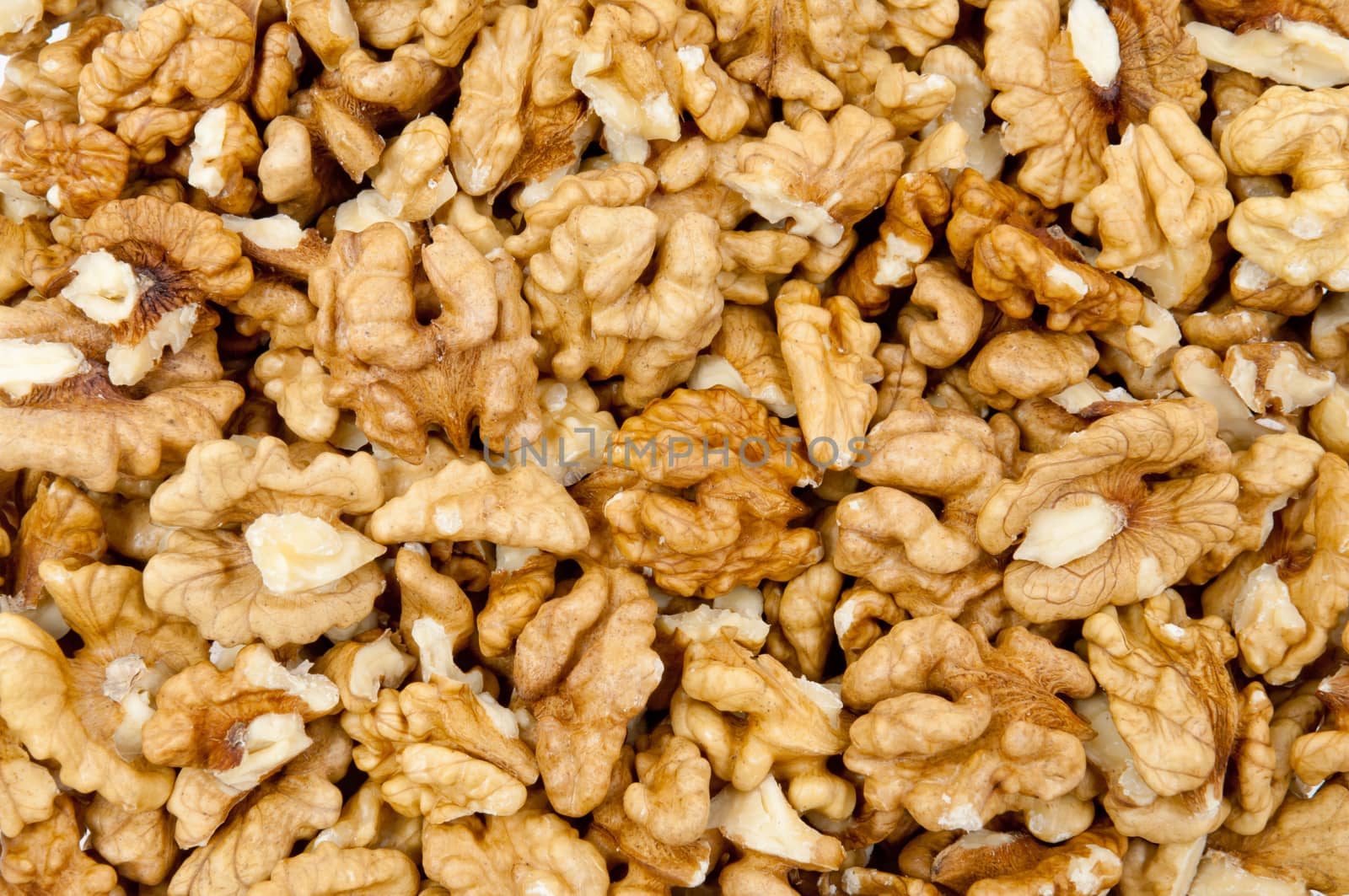 Closeup of shelled walnuts pile as walnut background