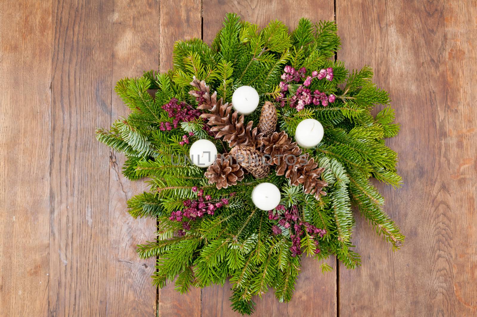 Christmas wreath advent wreath on wooden background with copy space