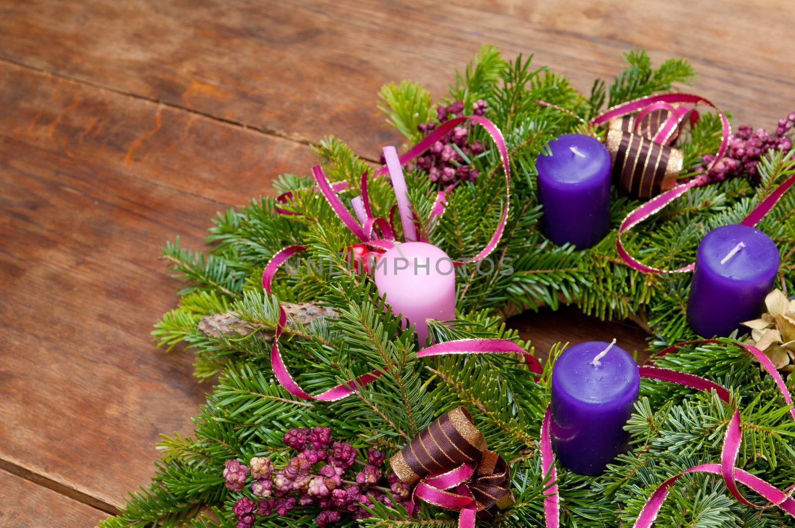 Christmas wreath advent wreath on wooden background with copy space