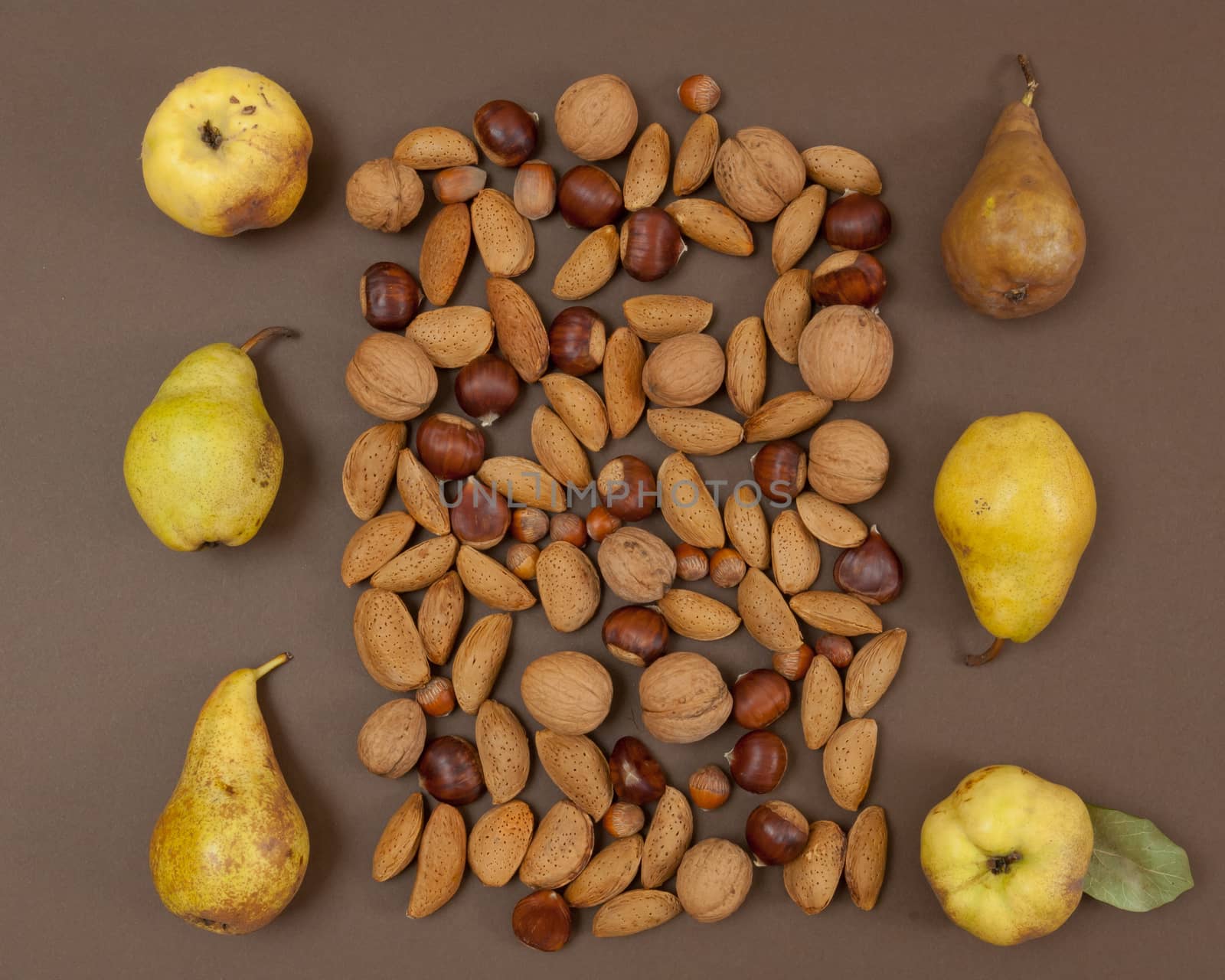 Autumn pear and nut pattern on brown background top view square