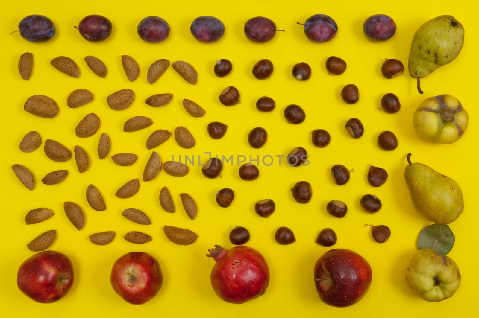 Autumn setting of organic  in shell nuts and fruits on yellow background