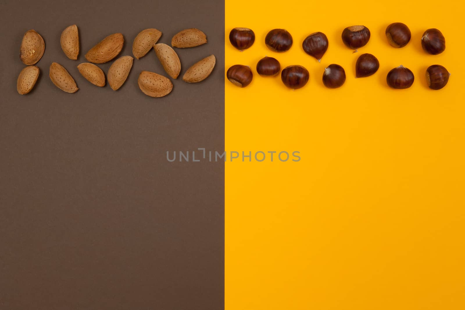 In shell raw nuts in row isolated on an orange brown split background