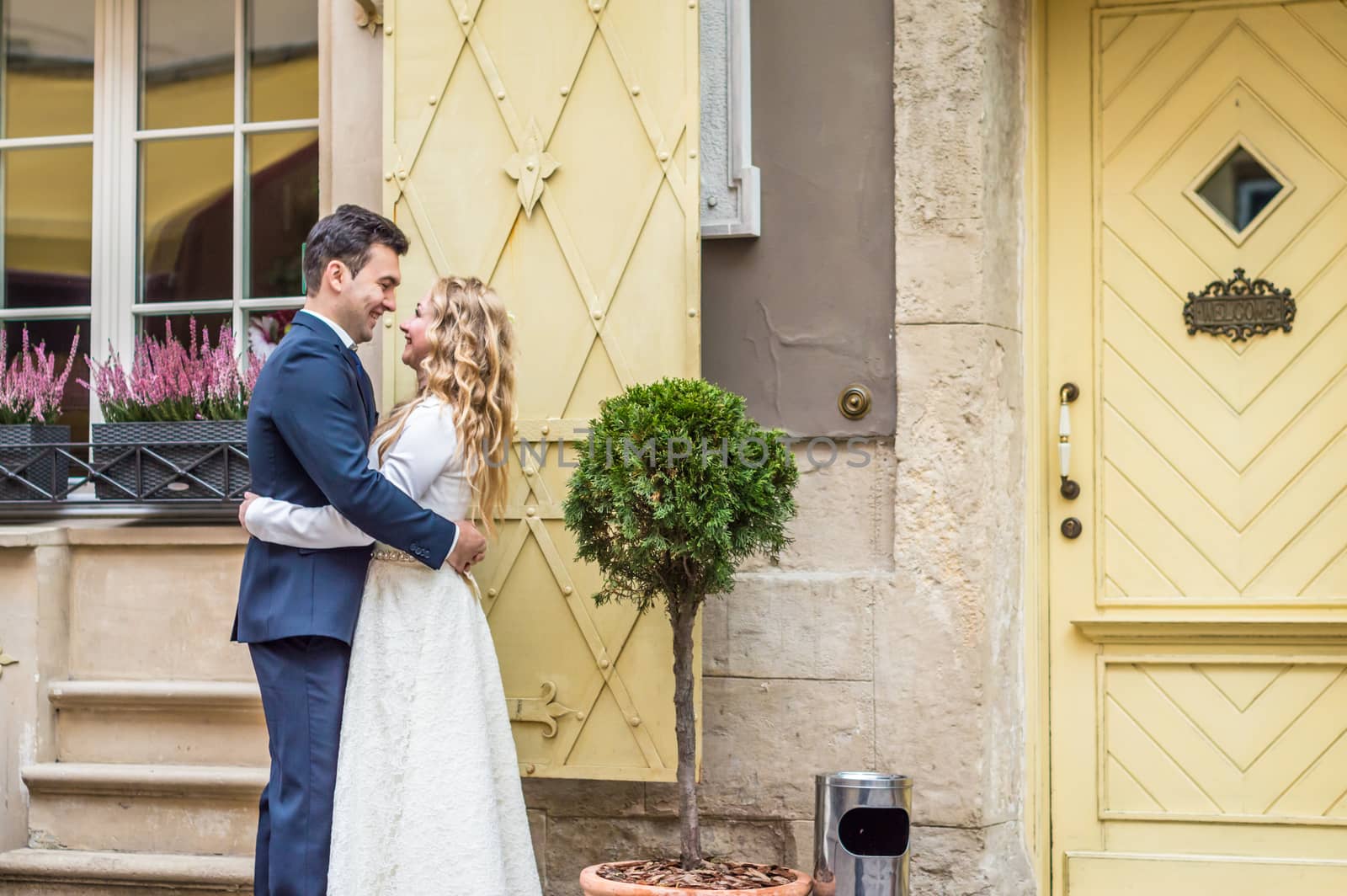 newlyweds strolling around the city. Just married