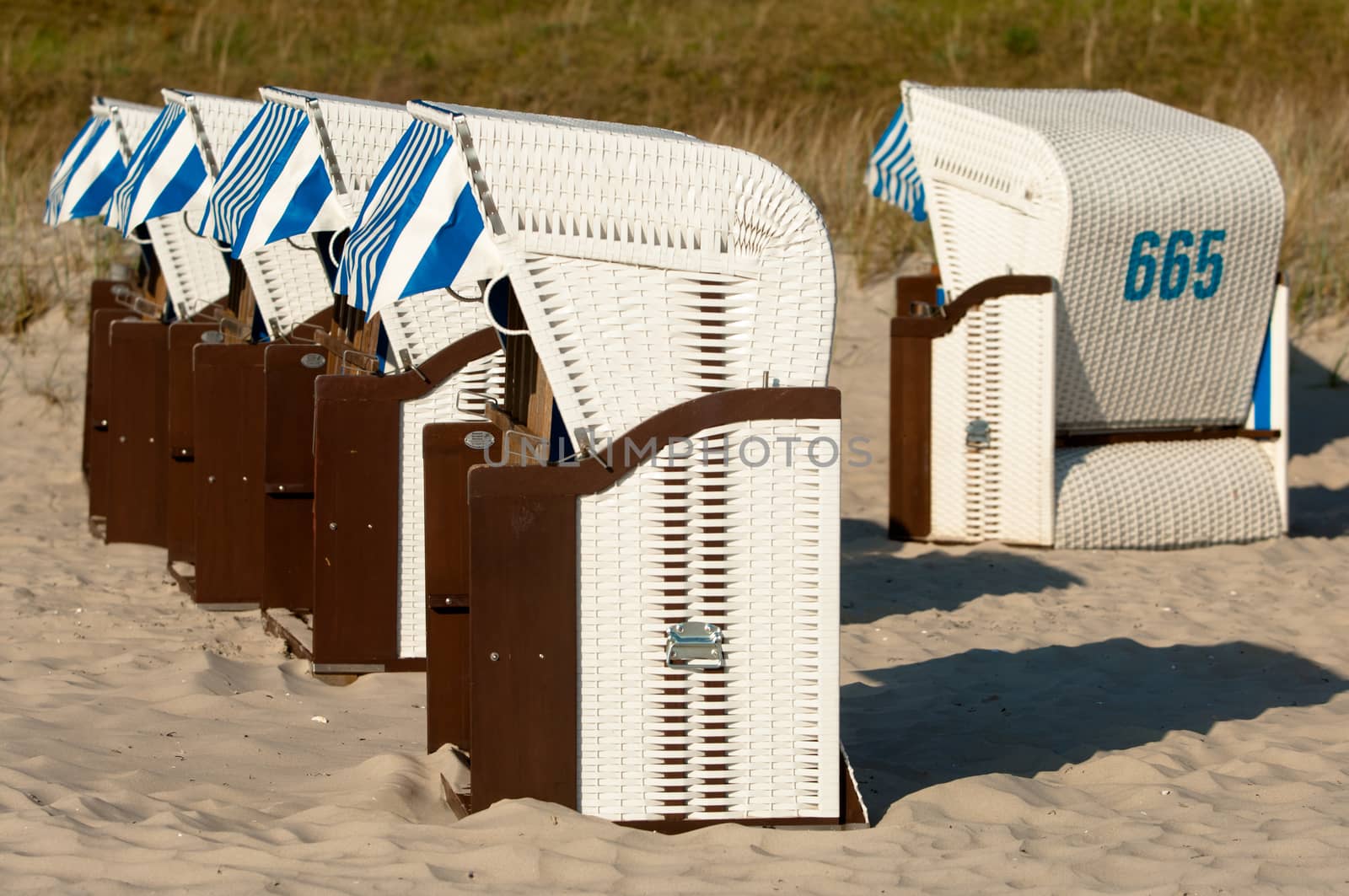 Strandkorb, Strandkoerbe in Rugen, Germany, Beach chairs on the sandy beach in Binz