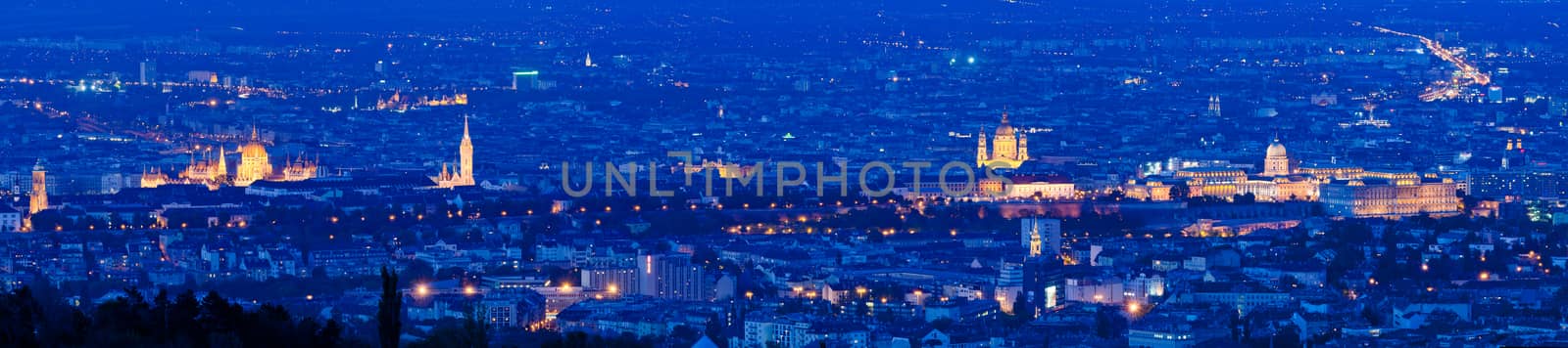 Budapest panorama with famous landmarks, as Parliament Building, Buda Castle Matthias Church and St. Stephen's Basilica, Hungary