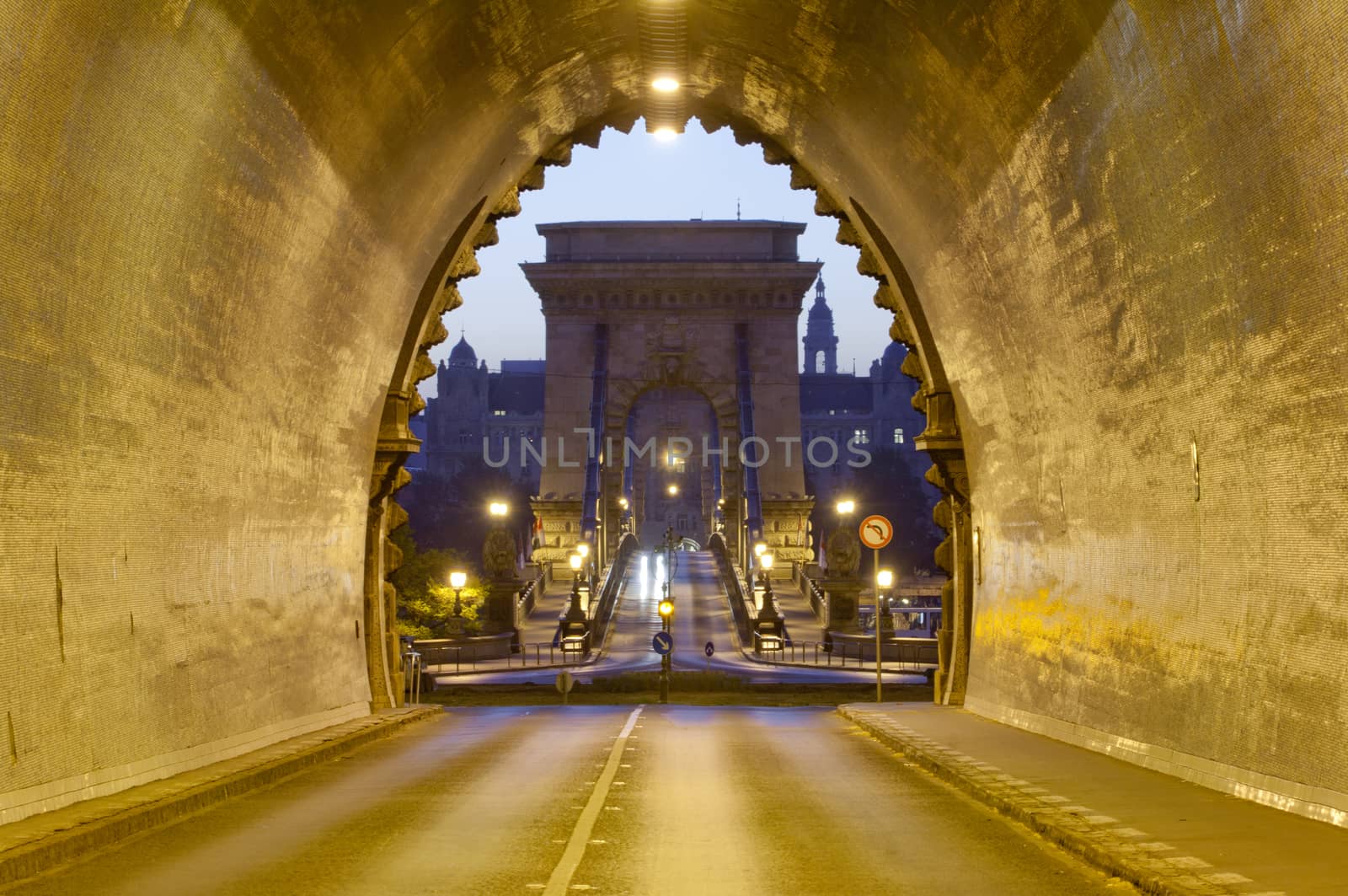 Early morning shot in Buda Castle Tunnel in direction of Chain Bridge and the Pest side of Budapest, HUngary