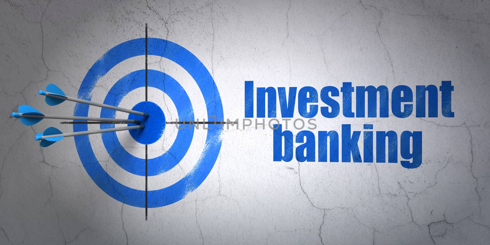 Success currency concept: arrows hitting the center of target, Blue Investment Banking on wall background, 3D rendering