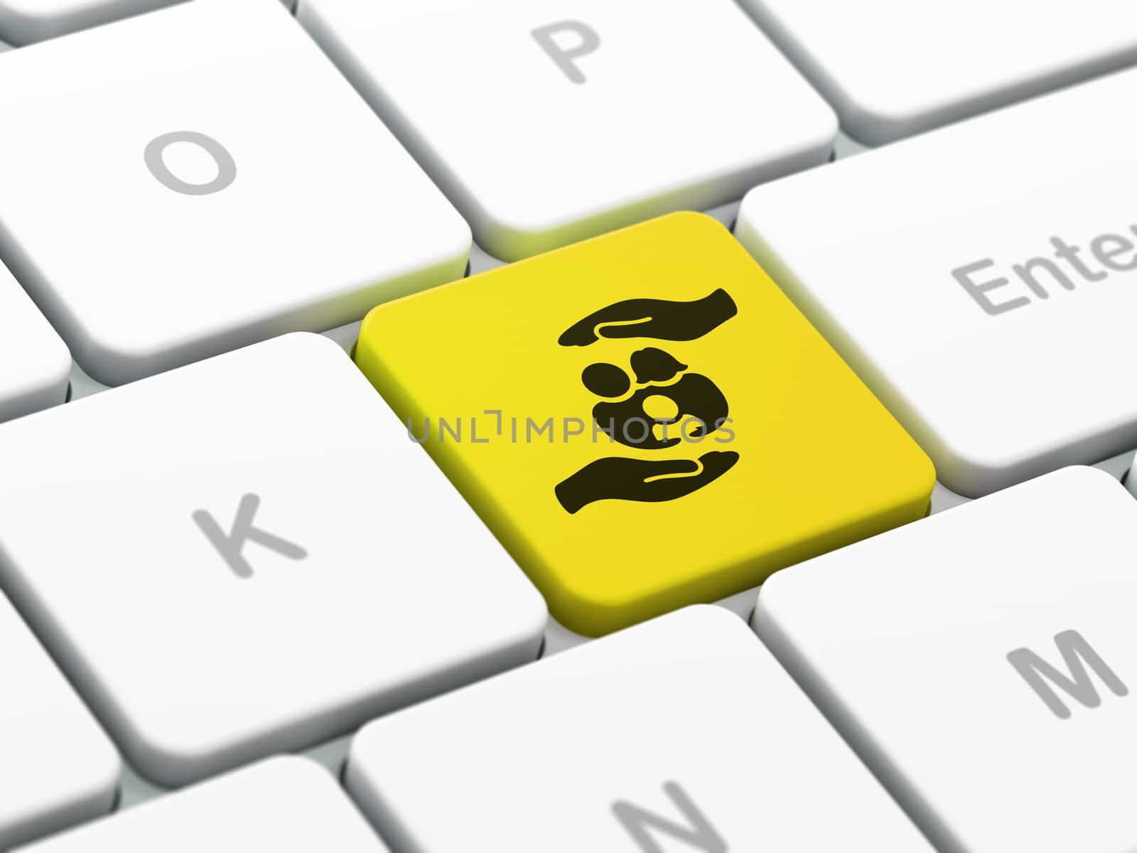 Insurance concept: computer keyboard with Family And Palm icon on enter button background, selected focus, 3D rendering