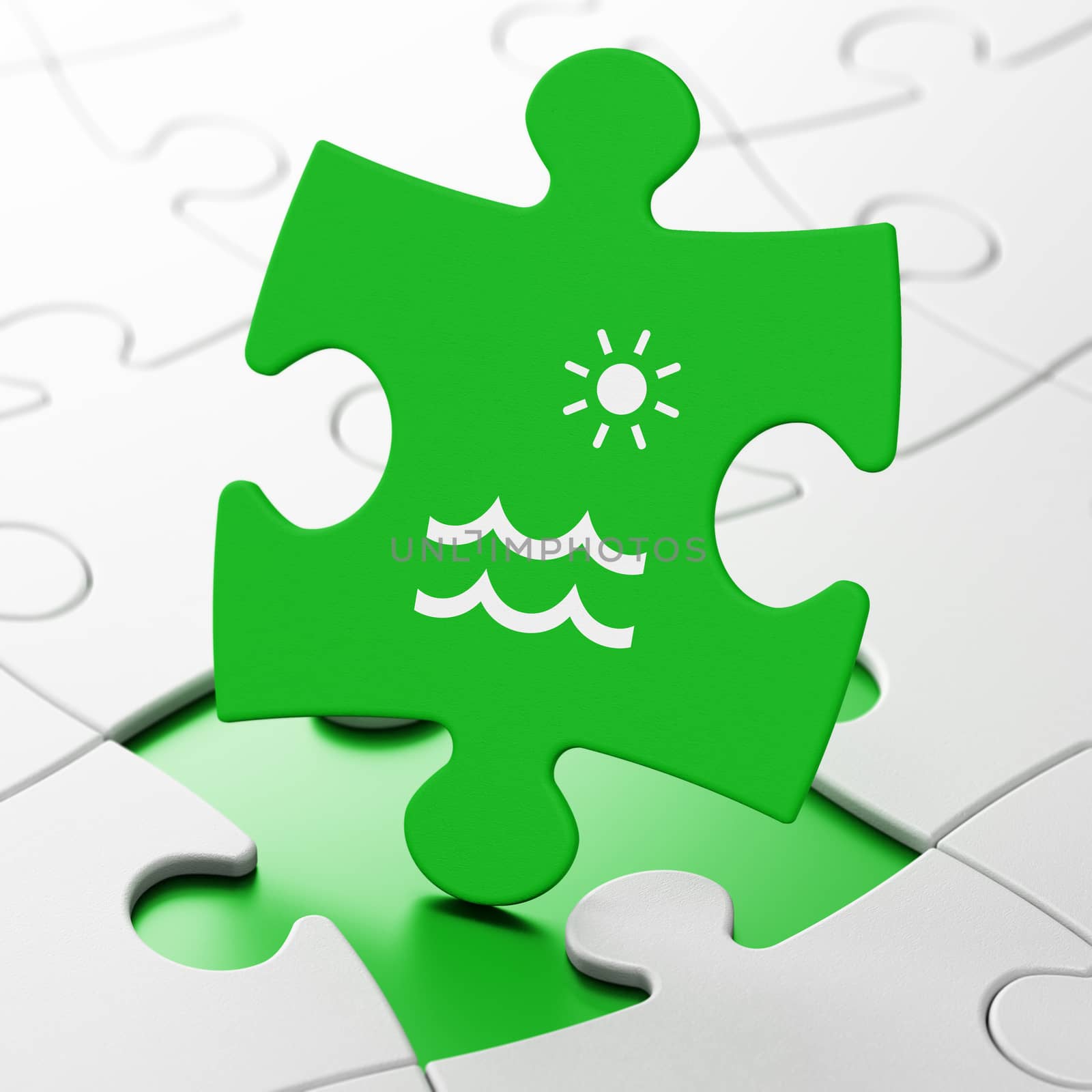 Vacation concept: Beach on Green puzzle pieces background, 3D rendering