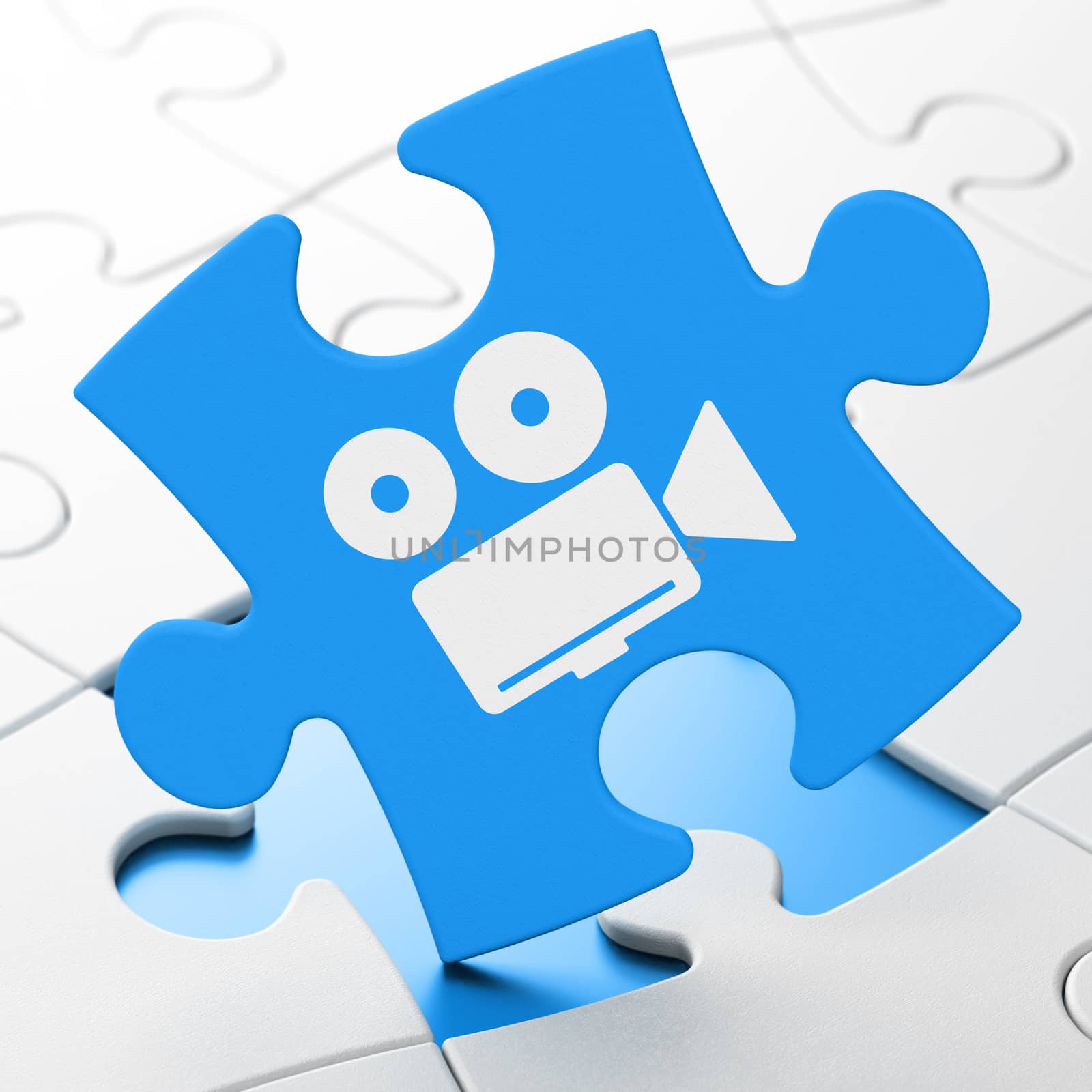 Travel concept: Camera on Blue puzzle pieces background, 3D rendering
