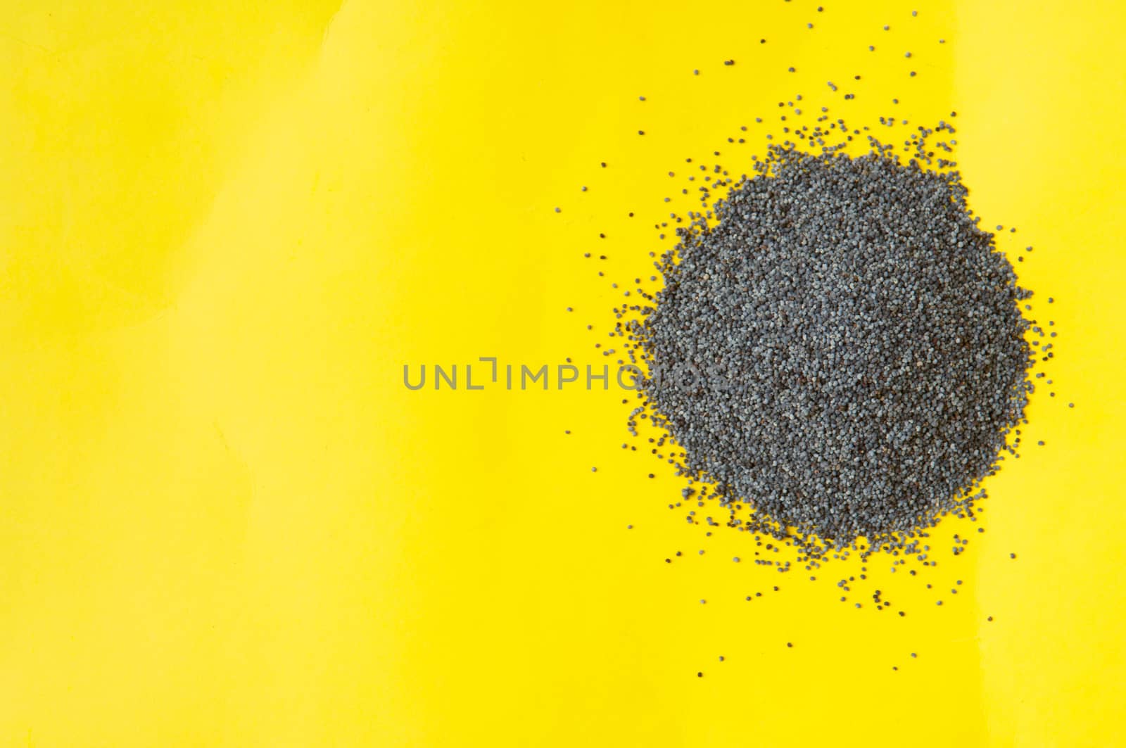 Poppy seeds isolated on yellow background poppy seed, pile of poppy seeds