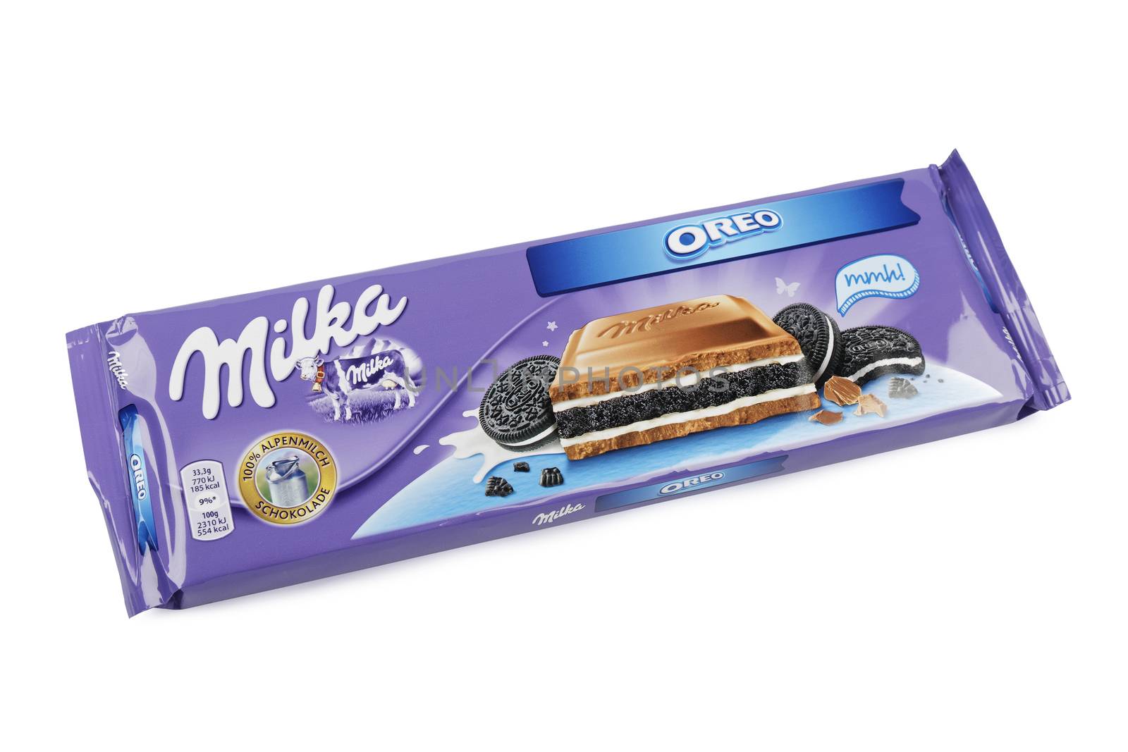 PULA, CROATIA - DECEMBER 29, 2016:  Milka Mondelez Oreo biscuit milk chocolate with Milka cow on a white background