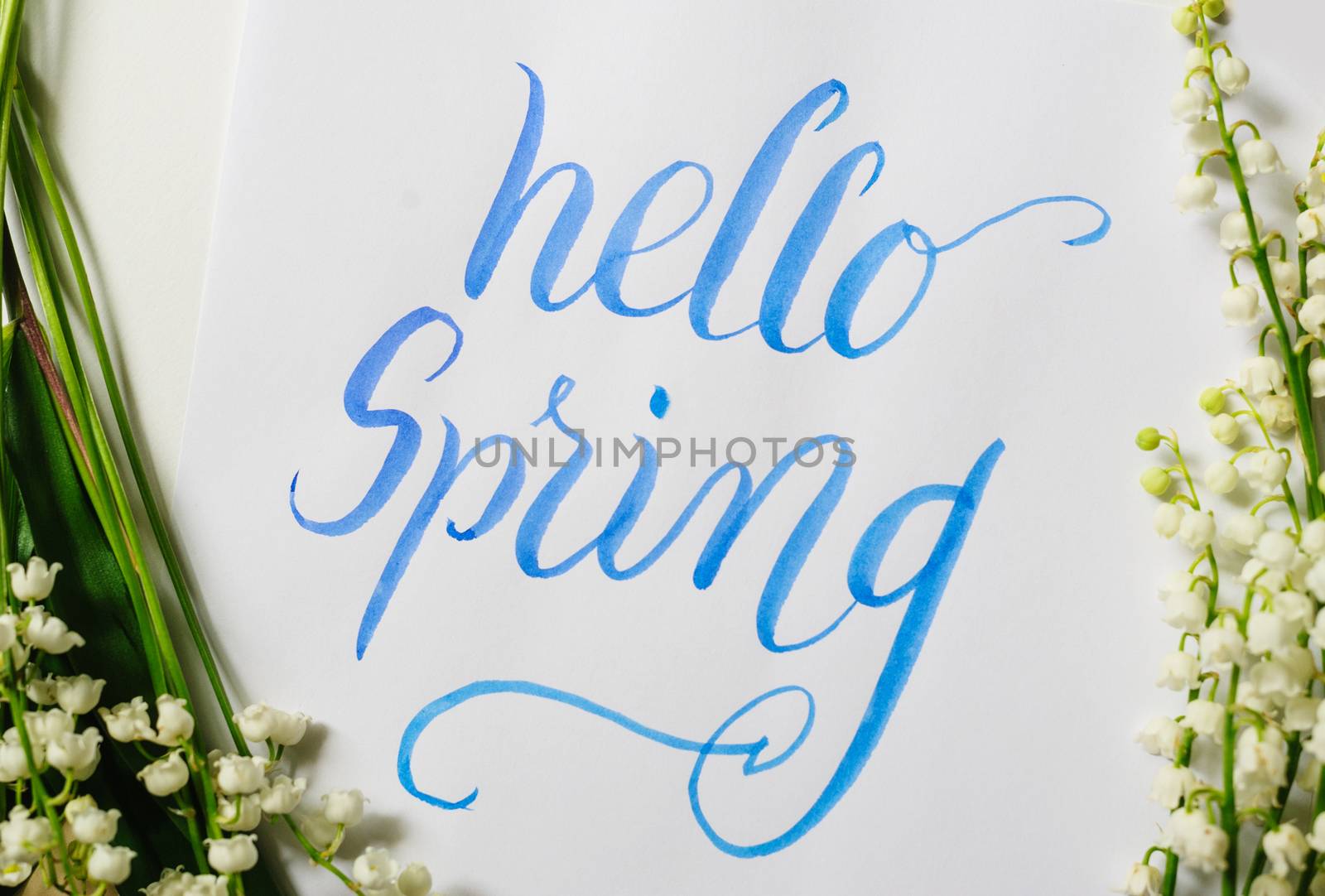 frame lily of the Valley and text Hello spring. Calligraphy lettering.