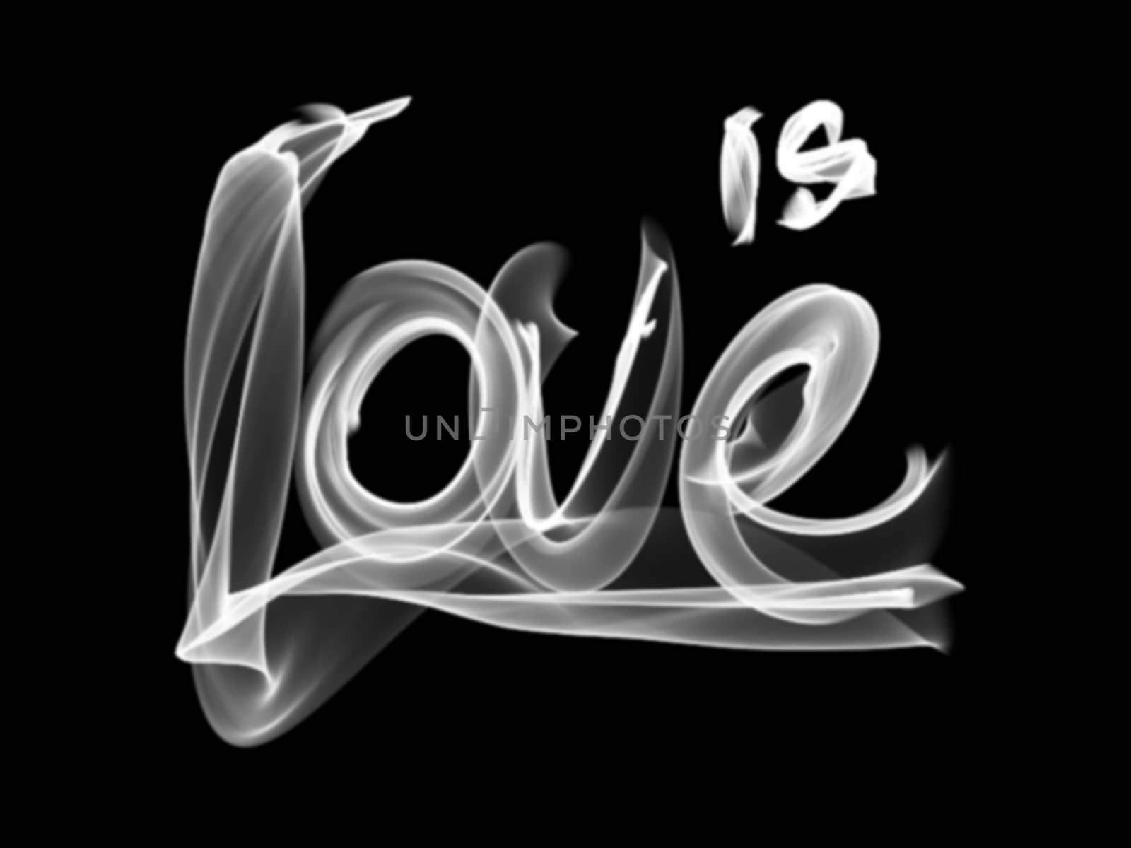 Love isolated word lettering and heart written with fire flame or smoke on black background.